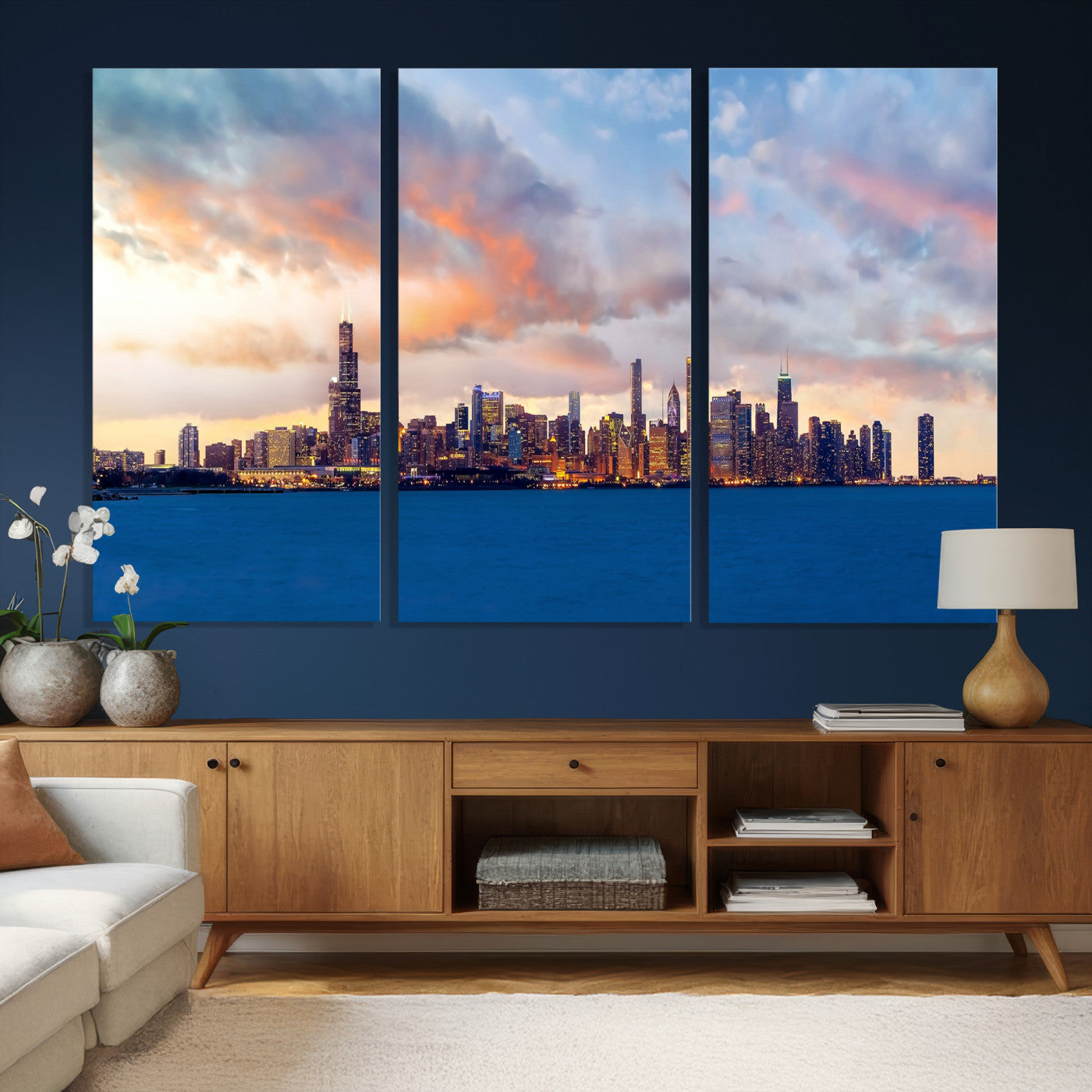 34667960-MGV-CV-36X24 - Chicago Wall Art Canvas Print, Chicago City Downtown Night Cityscape Print for Modern Urban Wall Decor