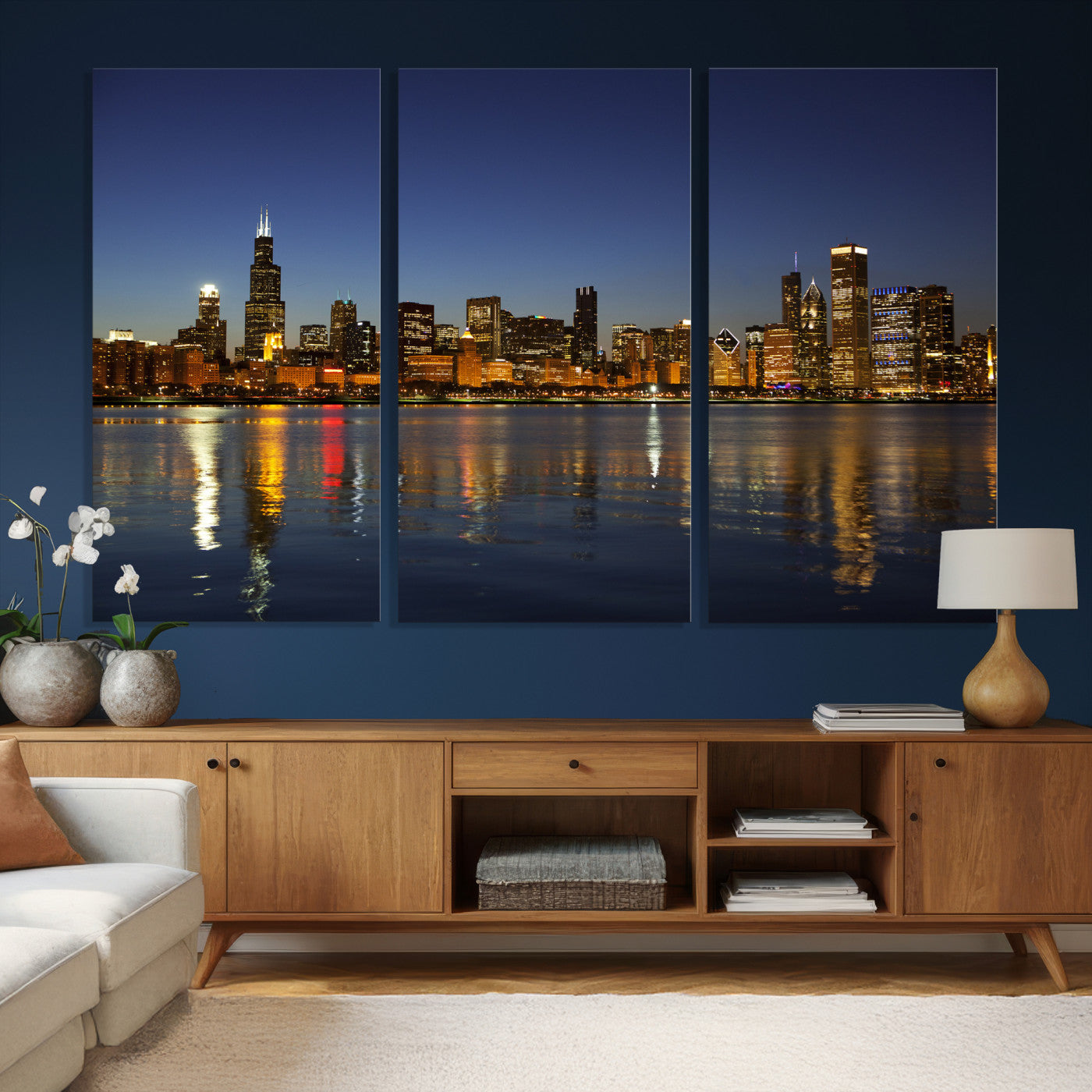 67308035-MGV-CV-36X24 - Chicago Wall Art Canvas Print, Chicago City Downtown Night Cityscape Print for Modern Urban Wall Decor