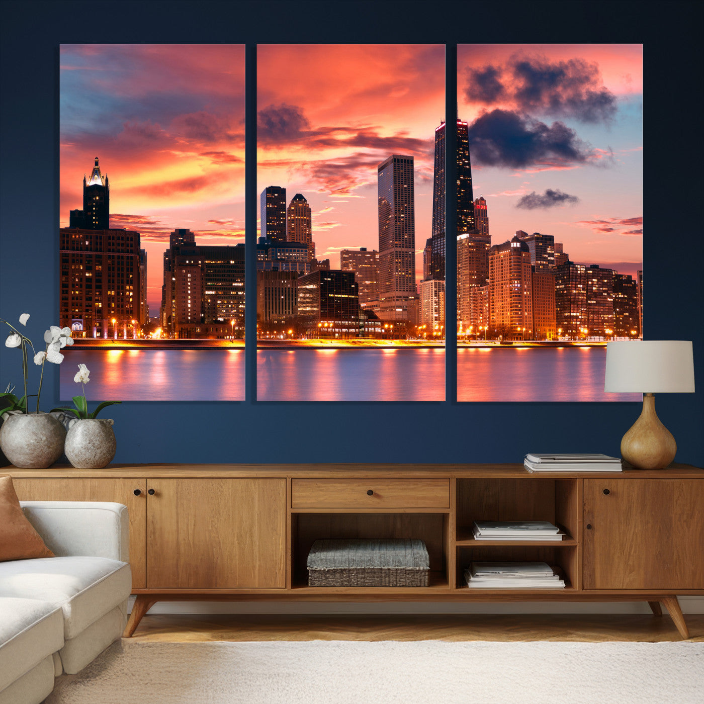 80390109-MGV-CV-36X24 - Chicago Wall Art Canvas Print, Chicago City Downtown Night Cityscape Print for Modern Urban Wall Decor