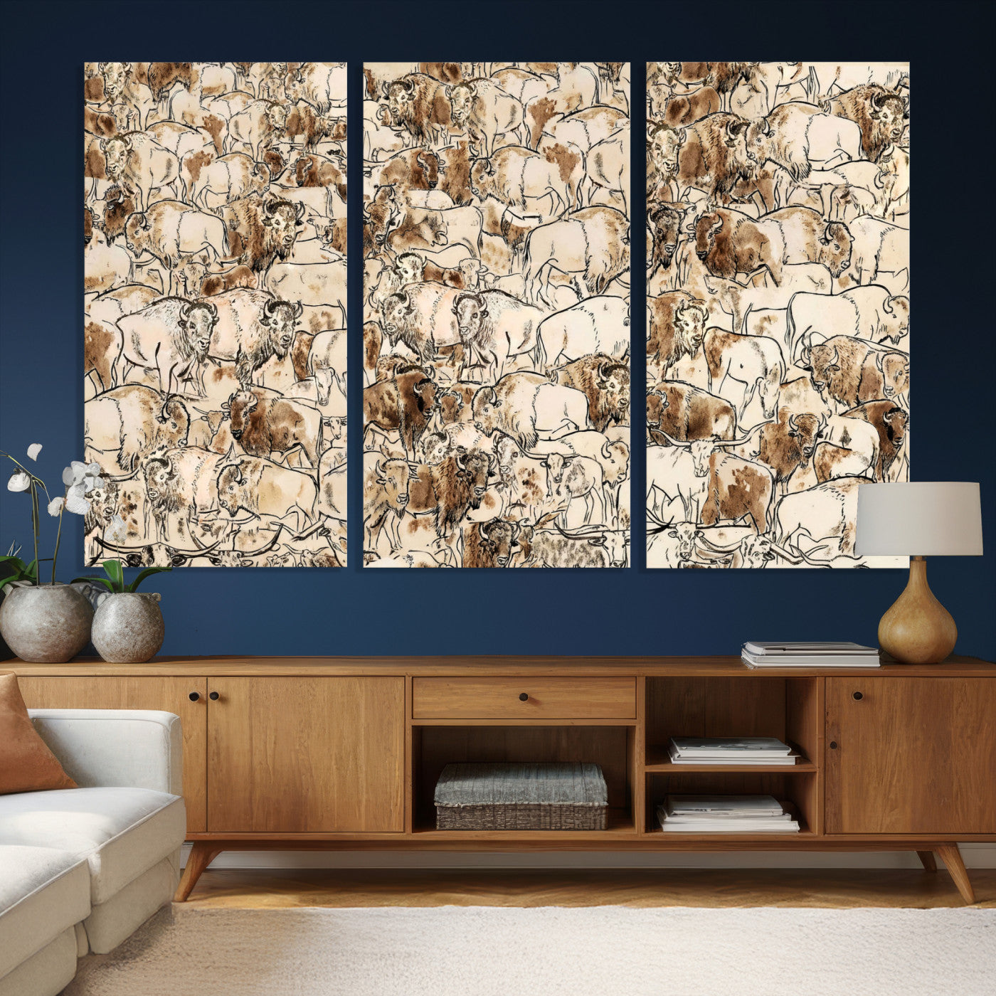 50142019-MGV-CV-36X24 - Farmhouse Animals Wall Art Canvas Print - Abstract Farm Animal Drawing Mid-Century Wall Art for Cabin Decor
