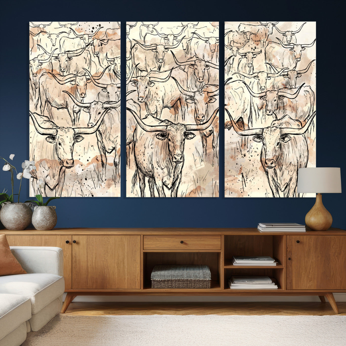 94055403-MGV-CV-36X24 - Farmhouse Animals Wall Art Canvas Print - Abstract Farm Animal Drawing Mid-Century Wall Art for Cabin Decor