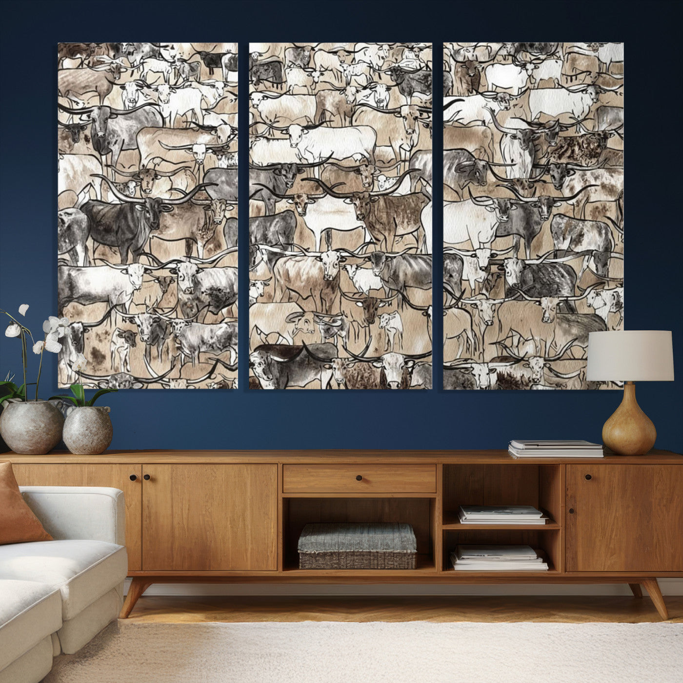 64368752-MGV-CV-36X24 - Farmhouse Animals Wall Art Canvas Print - Abstract Farm Animal Drawing Mid-Century Wall Art for Cabin Decor
