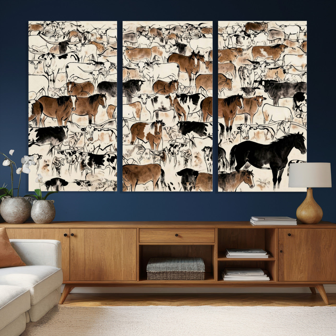 86150485-MGV-CV-36X24 - Farmhouse Animals Wall Art Canvas Print - Abstract Farm Animal Drawing Mid-Century Wall Art for Cabin Decor