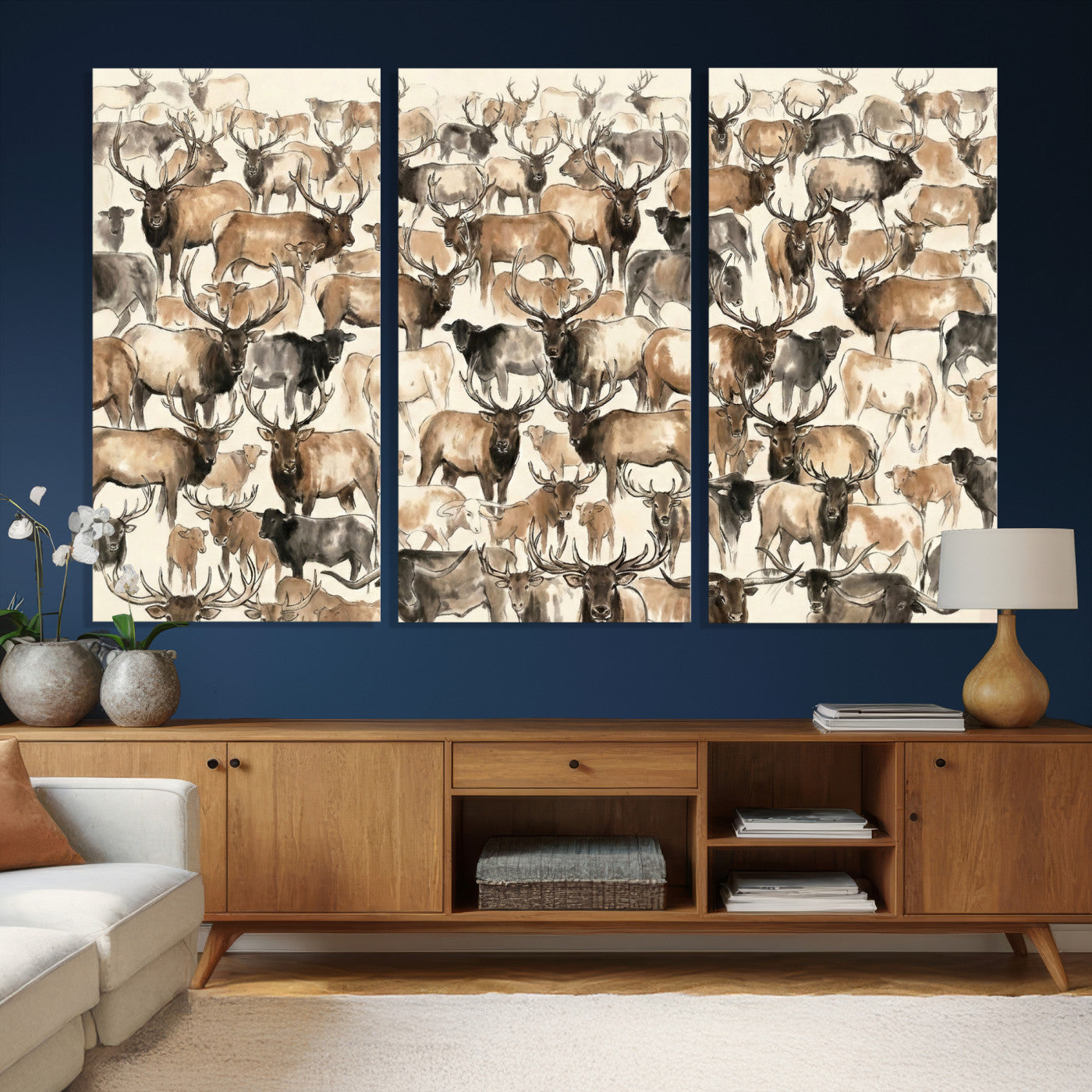 24374881-MGV-CV-36X24 - Farmhouse Animals Wall Art Canvas Print - Abstract Farm Animal Drawing Mid-Century Wall Art for Cabin Decor