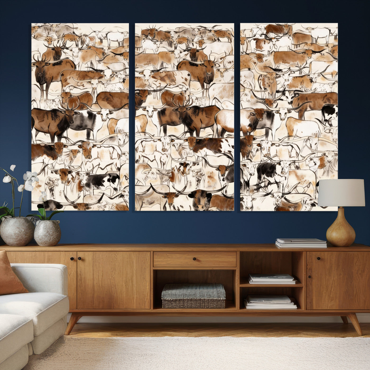81416572-MGV-CV-36X24 - Farmhouse Animals Wall Art Canvas Print - Abstract Farm Animal Drawing Mid-Century Wall Art for Cabin Decor