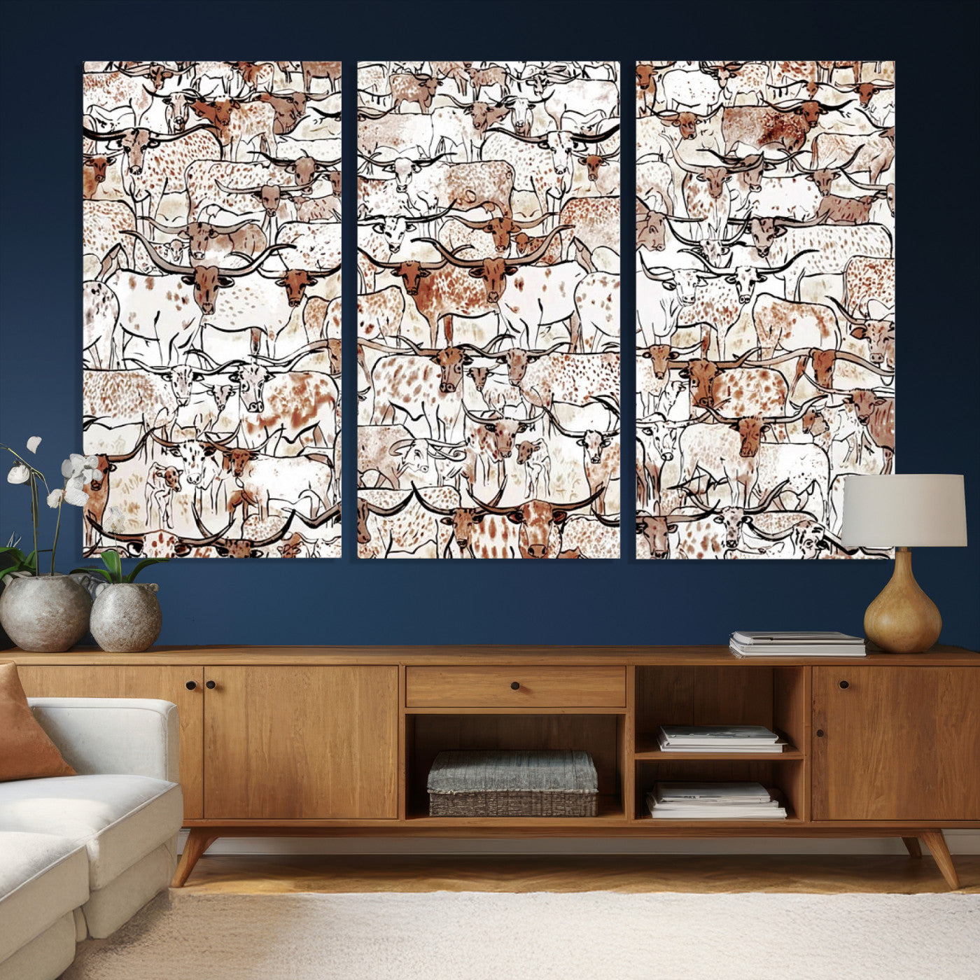 71869761-MGV-CV-36X24 - Farmhouse Animals Wall Art Canvas Print - Abstract Farm Animal Drawing Mid-Century Wall Art for Cabin Decor