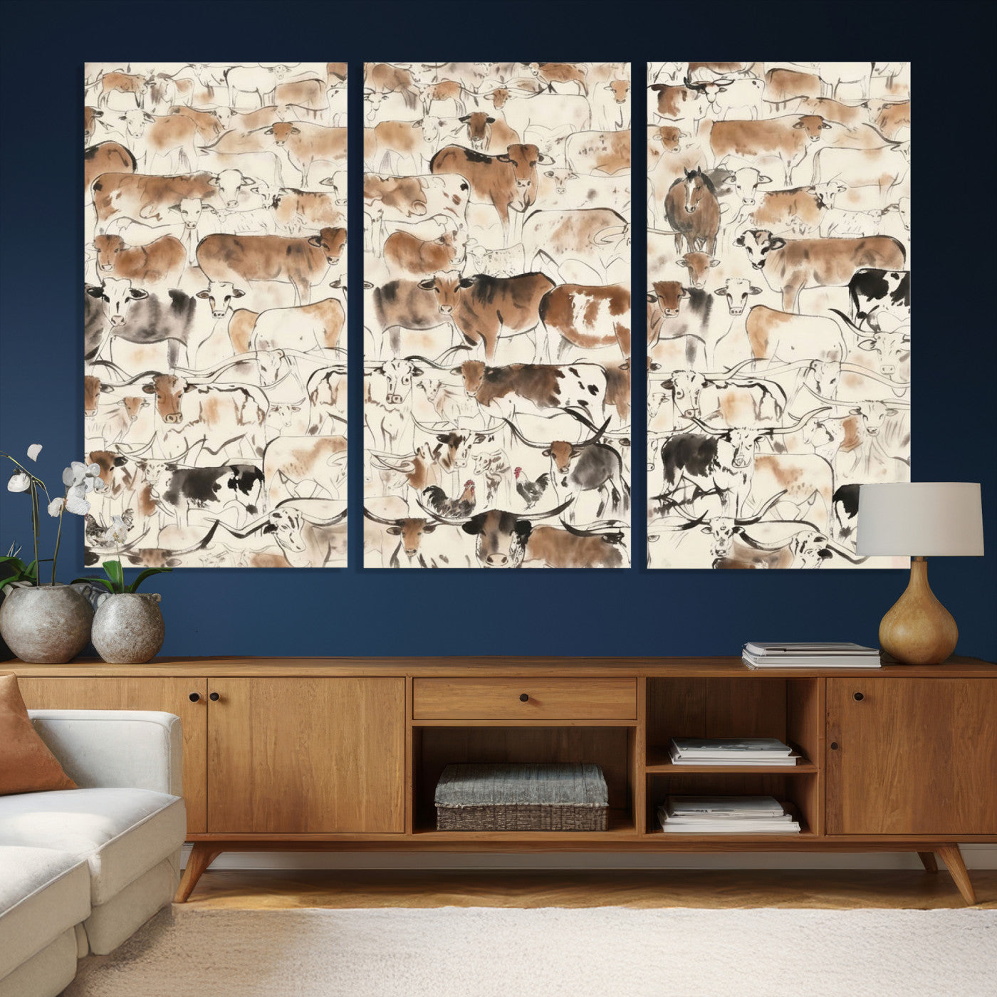69961368-MGV-CV-36X24 - Farmhouse Animals Wall Art Canvas Print - Abstract Farm Animal Drawing Mid-Century Wall Art for Cabin Decor