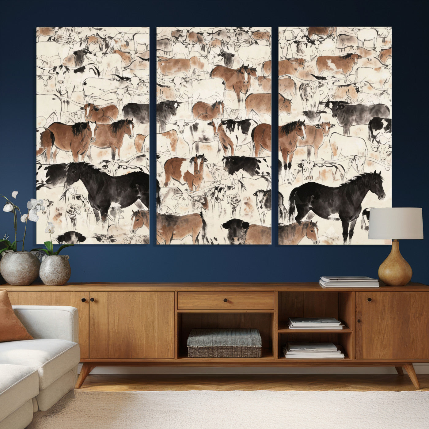 74171578-MGV-CV-36X24 - Farmhouse Animals Wall Art Canvas Print - Abstract Farm Animal Drawing Mid-Century Wall Art for Cabin Decor