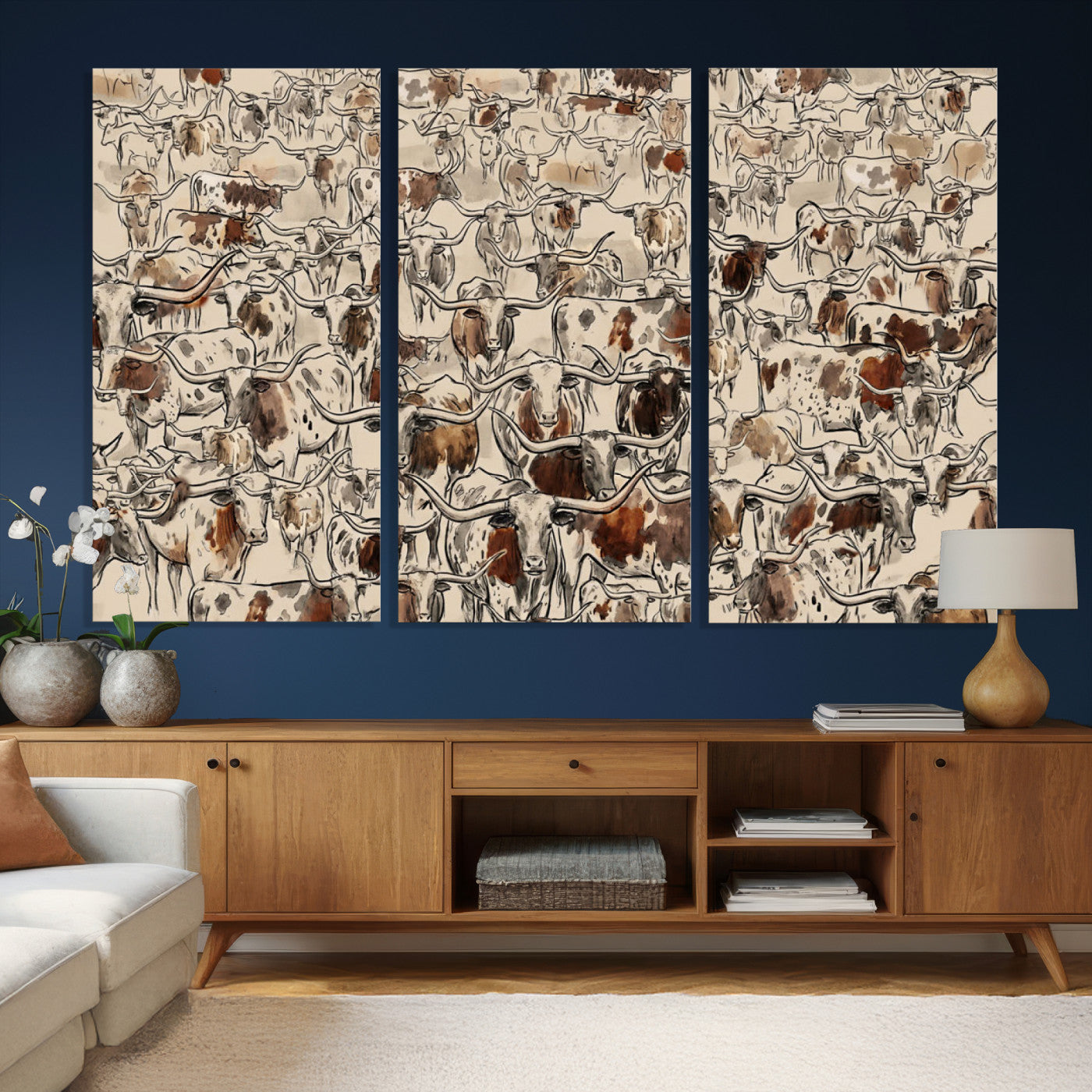 94808502-MGV-CV-36X24 - Farmhouse Animals Wall Art Canvas Print - Abstract Farm Animal Drawing Mid-Century Wall Art for Cabin Decor