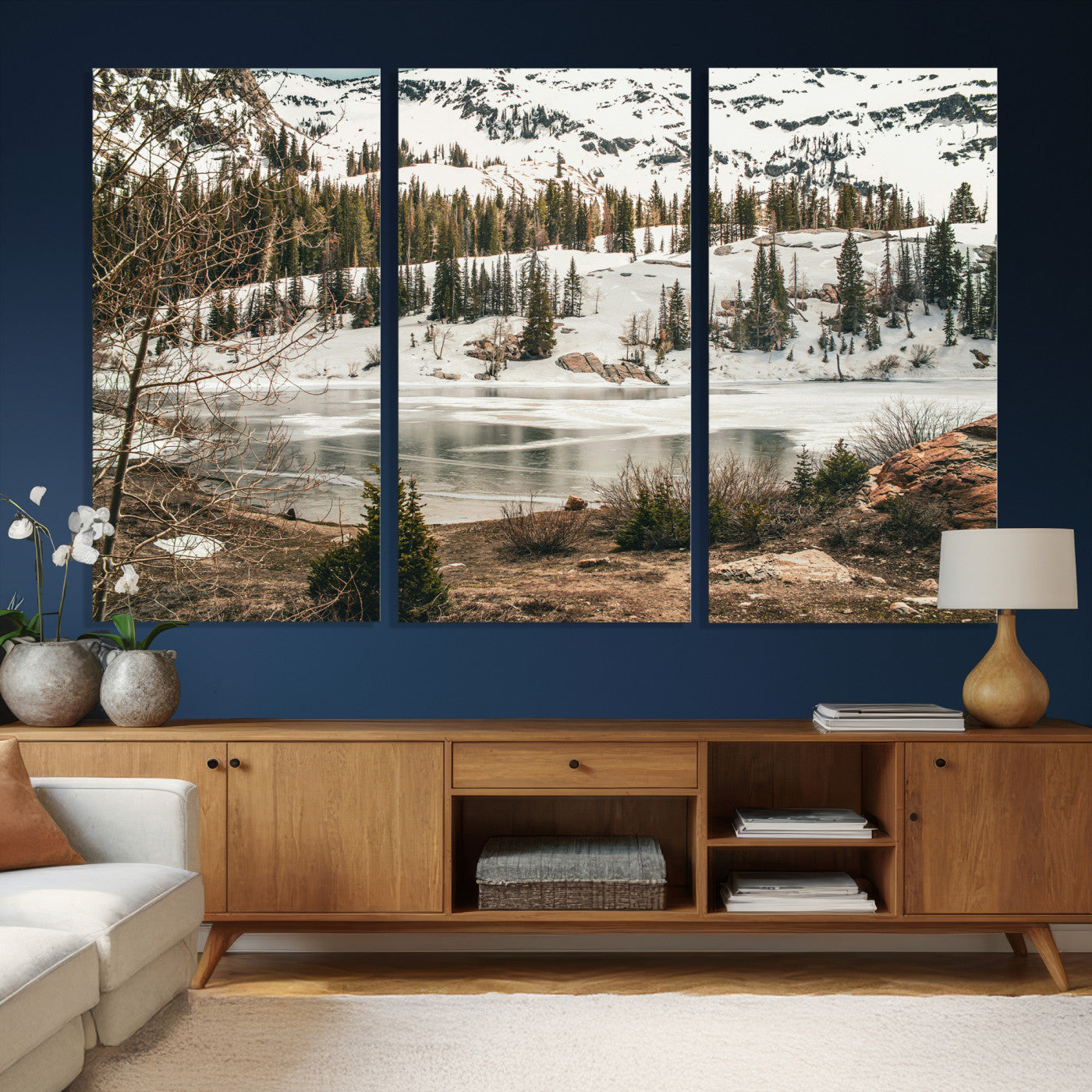 10336249-MGV-CV-36X24 - Snowy Mountain Landscape Wall Art Canvas Print, Alpine Pine Forest Winter Nature Wall Decor for Living Room and Office