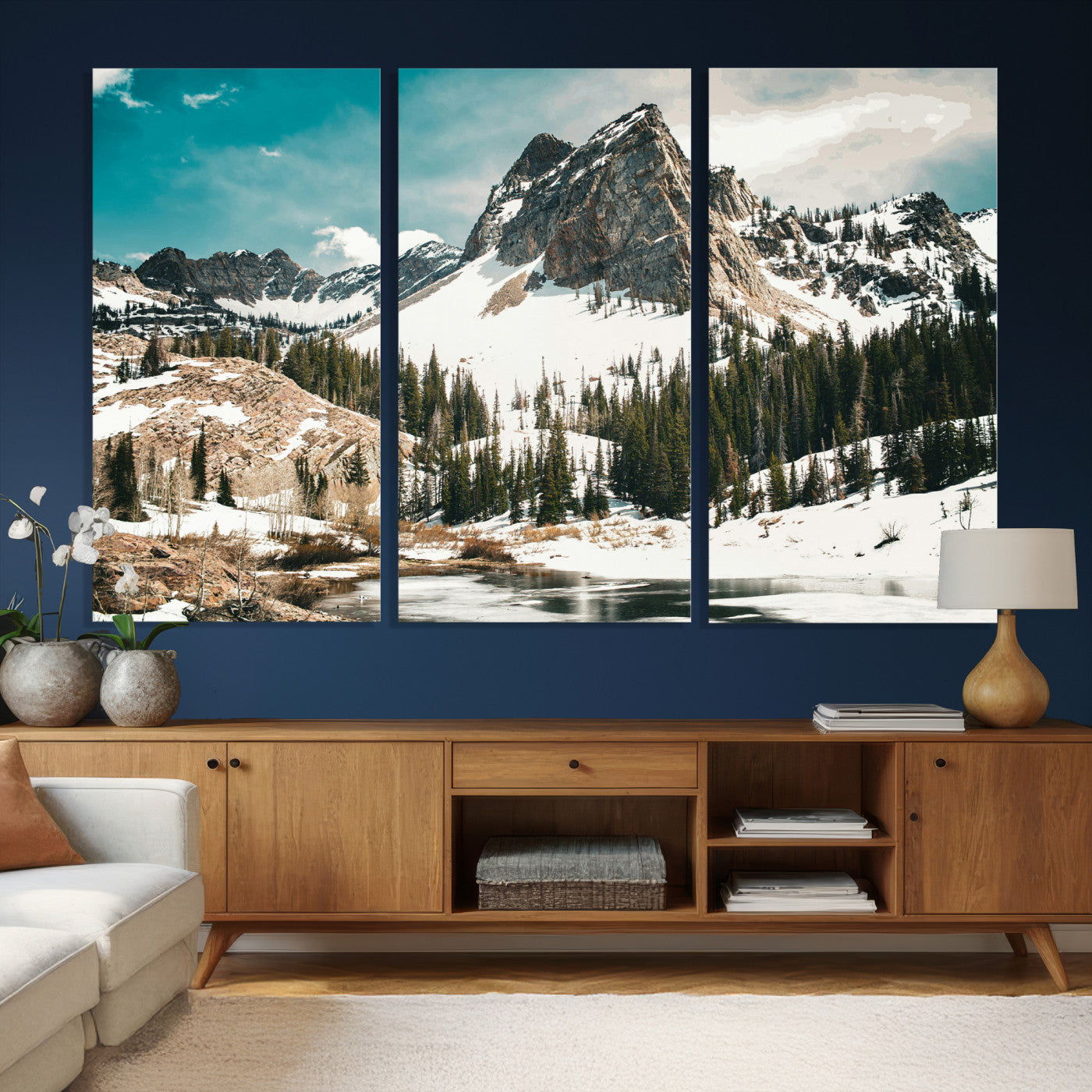 56837070-MGV-CV-36X24 - Snowy Mountain Landscape Wall Art Canvas Print, Alpine Pine Forest Winter Nature Wall Decor for Living Room and Office