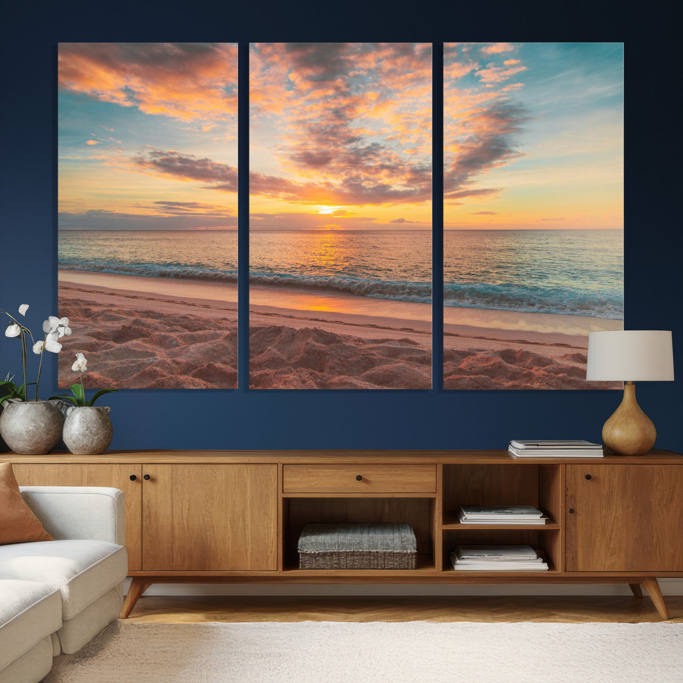 47151409-MGV-CV-36X24 - Sunset Beach Walk Wall Art Canvas Print – Soft Coastal Photography Artwork Print for Bedroom, Living Room, and Serene Home Decor