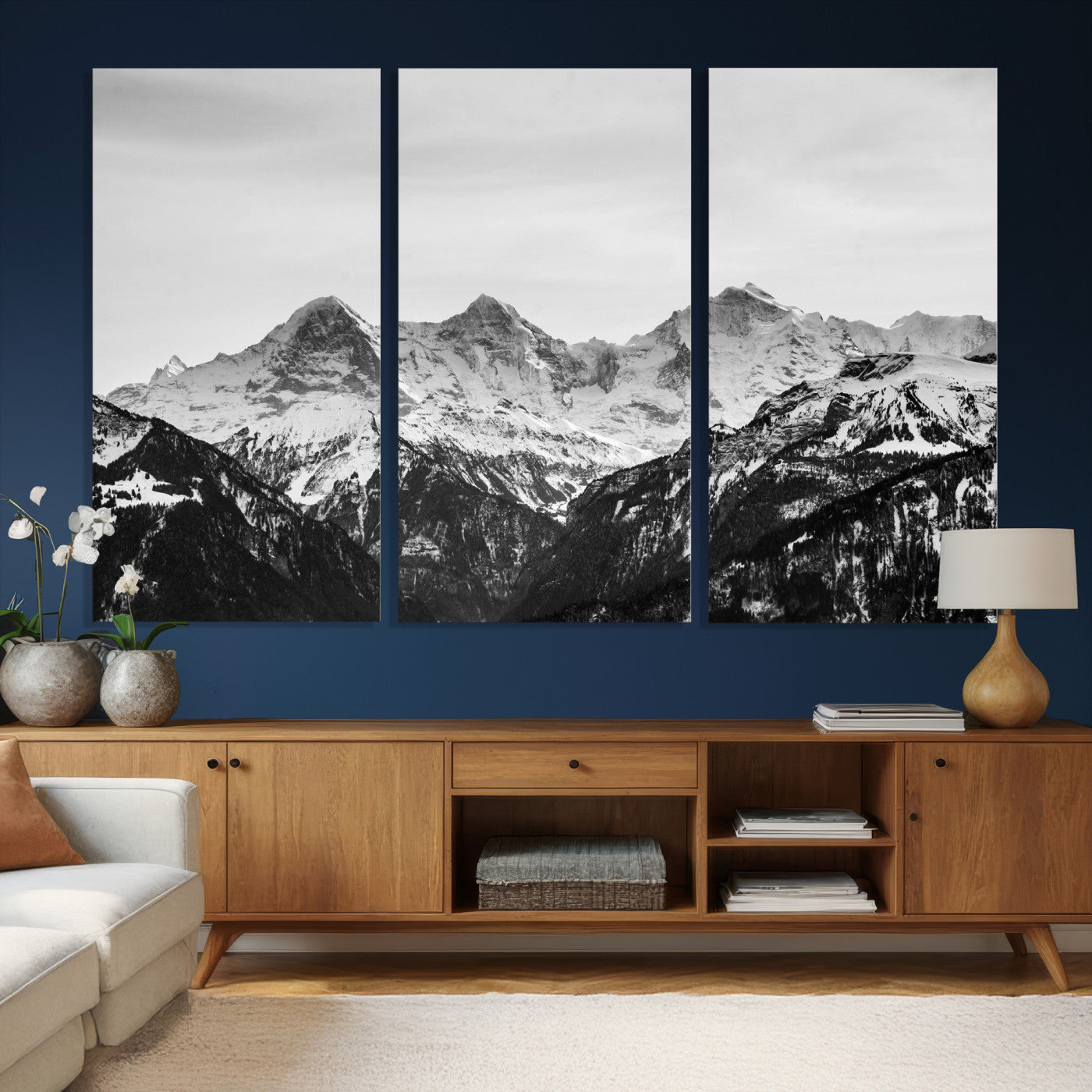 85684934-MGV-CV-36X24 - Black and White Mountain Wall Art Canvas Print, Snowy Alpine Peaks Landscape Photography, Minimal Monochrome Mountain Art, Scenic Nature Wall Decor