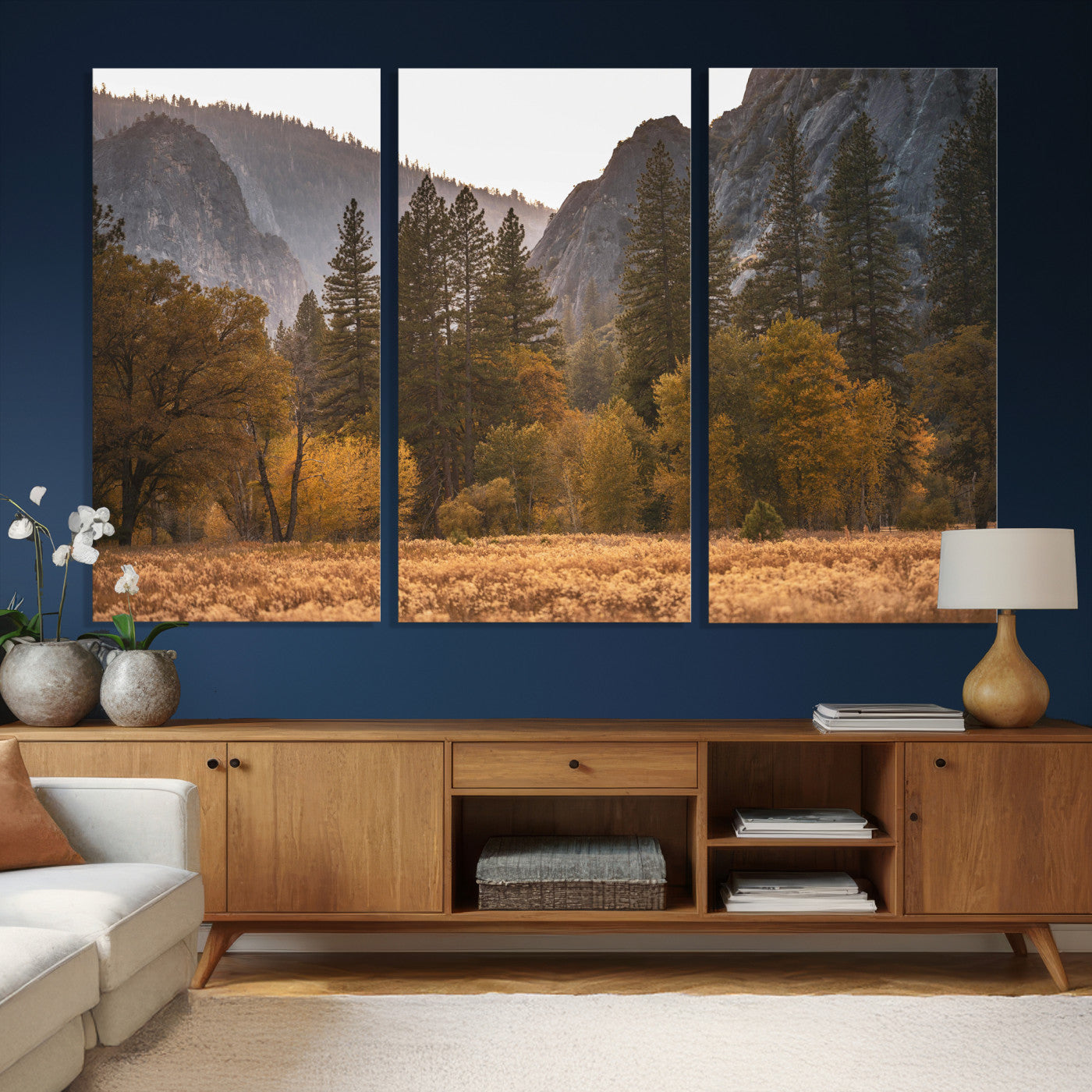61682763-MGV-CV-36X24 - Yosemite Valley Autumn Forest Landscape Wall Art Canvas Print, Granite Mountain Pine Trees Canvas Print, California National Park Fall Scenic Art Printing
