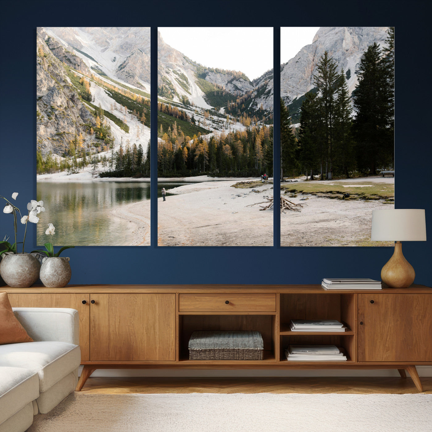 89246758-MGV-CV-36X24 - Lake Braies Alpine Landscape Wall Art Canvas Print, Dolomites Mountain Lake Forest Canvas Print, Italian Alps Scenic Nature Art Printing