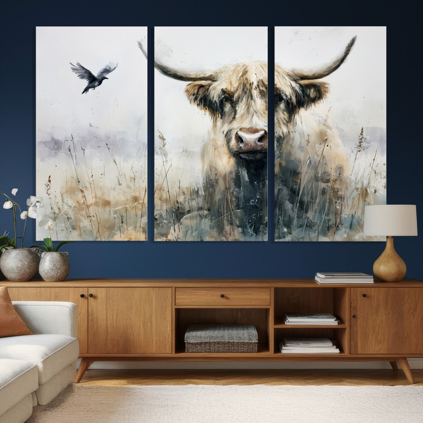 55652651-MGV-CV-36X24 - Abstract Highland Cow Watercolor Animal Wall Art Canvas Print, Rustic Farm Cattle Portrait Canvas Print, Neutral Wildlife Farmhouse Art Printing