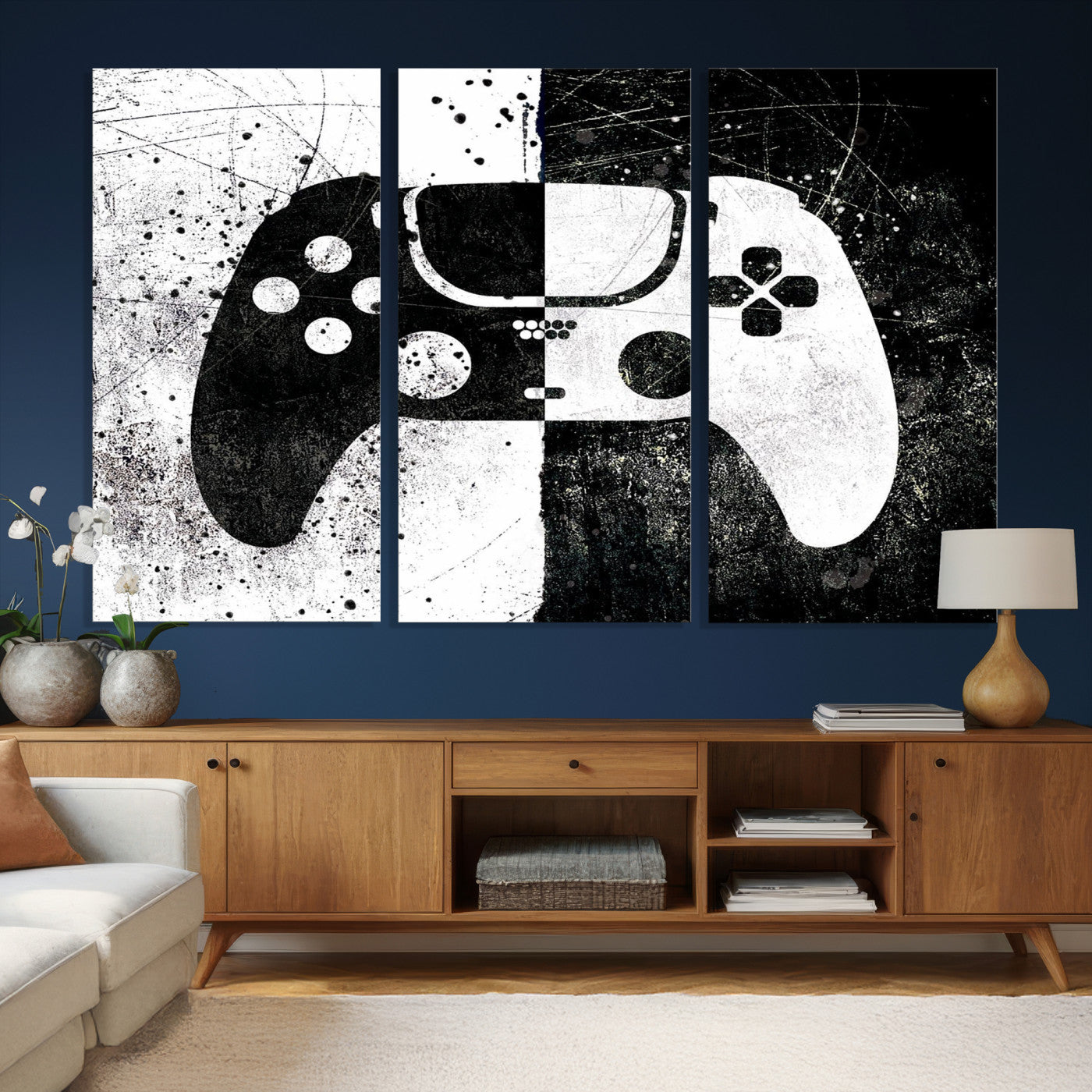17525128-MGV-CV-36X24 - Abstract Gaming Controller Wall Art Canvas Print, Black White Video Game Controller Modern Canvas Print, Minimal Gamer Graphic Art Printing