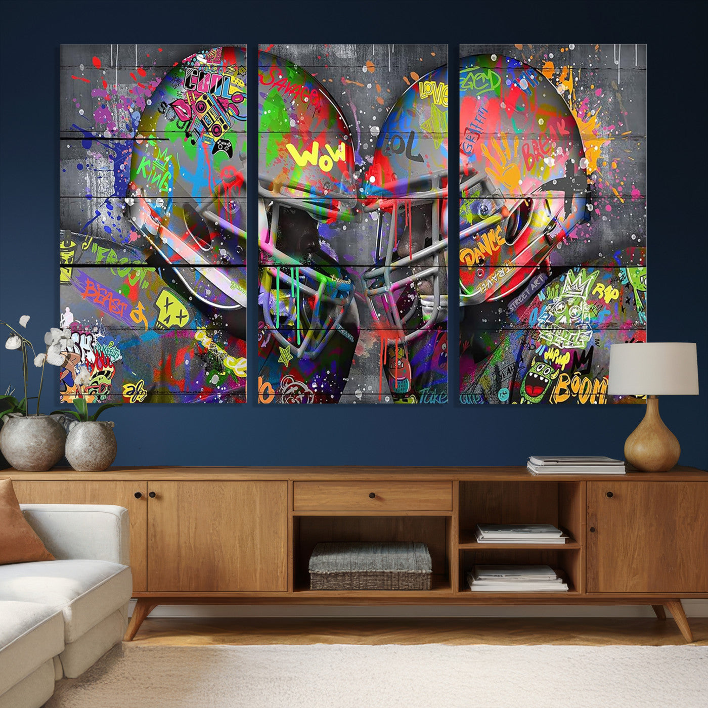15309853-MGV-CV-36X24 - Graffiti Football Helmets Wall Art Canvas Print, Urban Street Art Sports Decor, Colorful American Football Graffiti Artwork