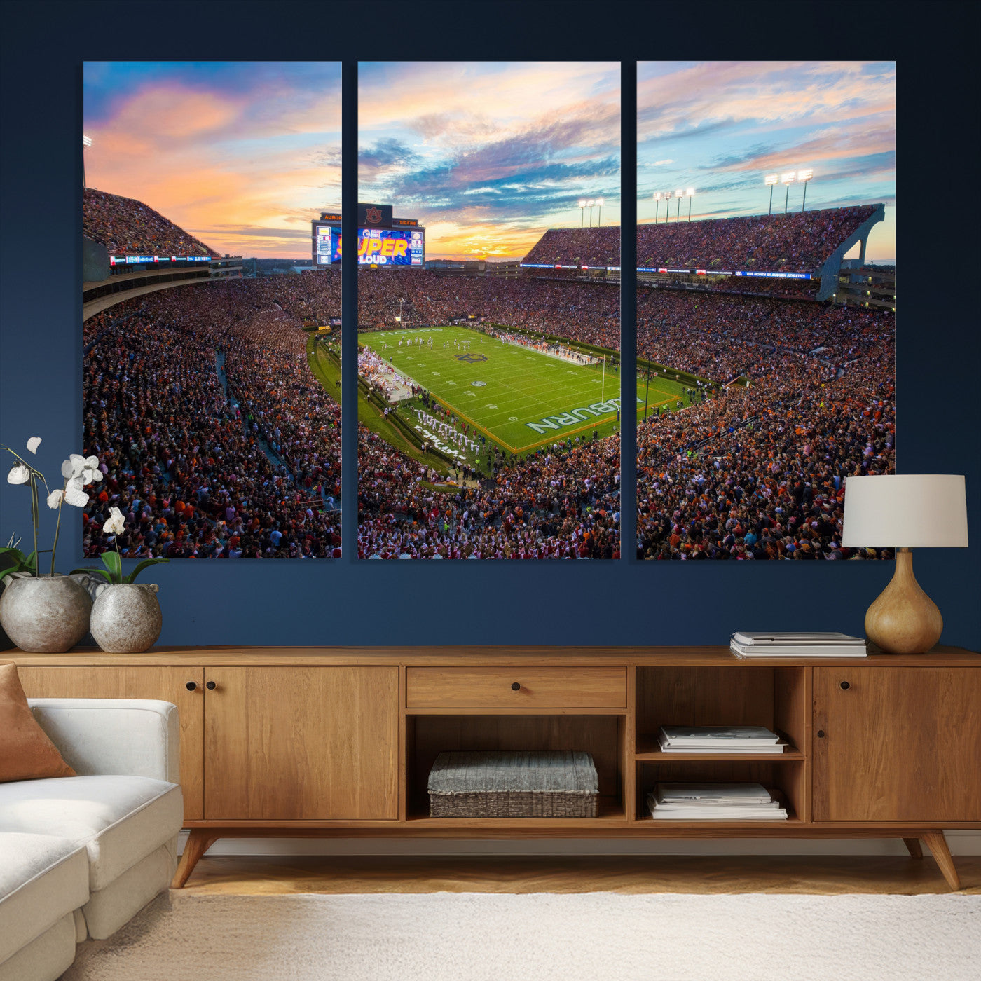 75203764-MGV-CV-36X24 - Auburn Stadium Sunset Wall Art Canvas Print, Jordan Hare Stadium Game Day Crowd, Auburn Tigers Football Artwork
