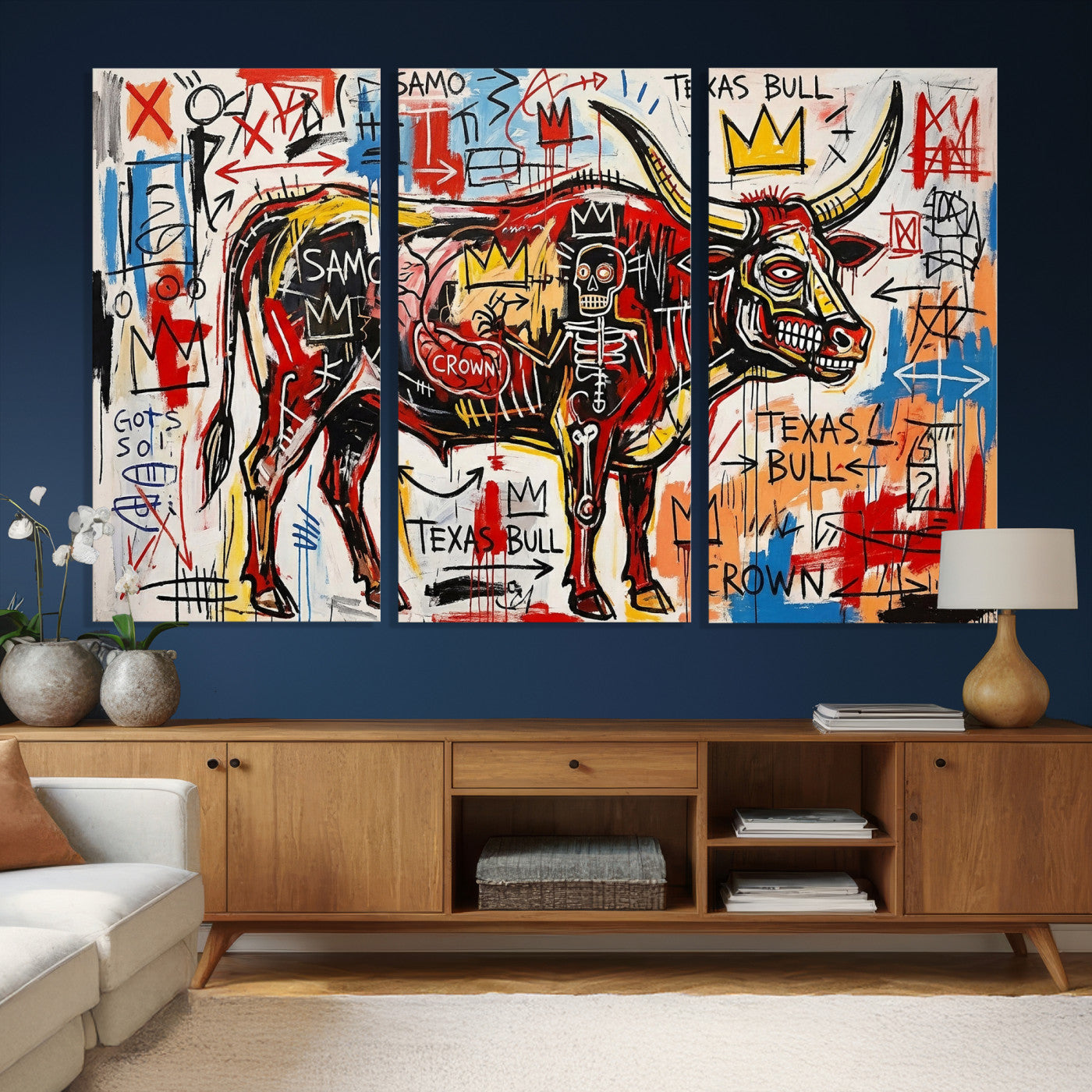 89504579-MGV-CV-36X24 - TITLE: Texas Bull Wall Art Canvas Print, Abstract Graffiti Bull Painting, Western Animal Art, Modern Ranch Decor