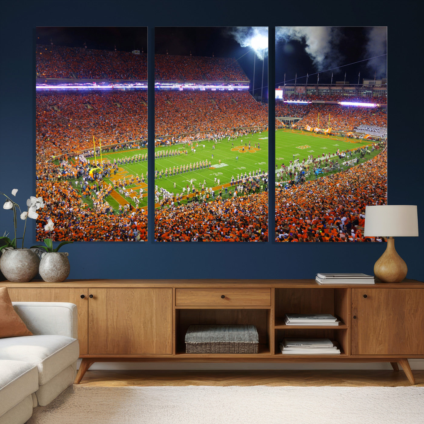 43662631-MGV-CV-36X24 - Clemson Football Stadium Wall Art Canvas Print, College Football Crowd Night Game Scene, Orange Stadium Panorama Wall Decor