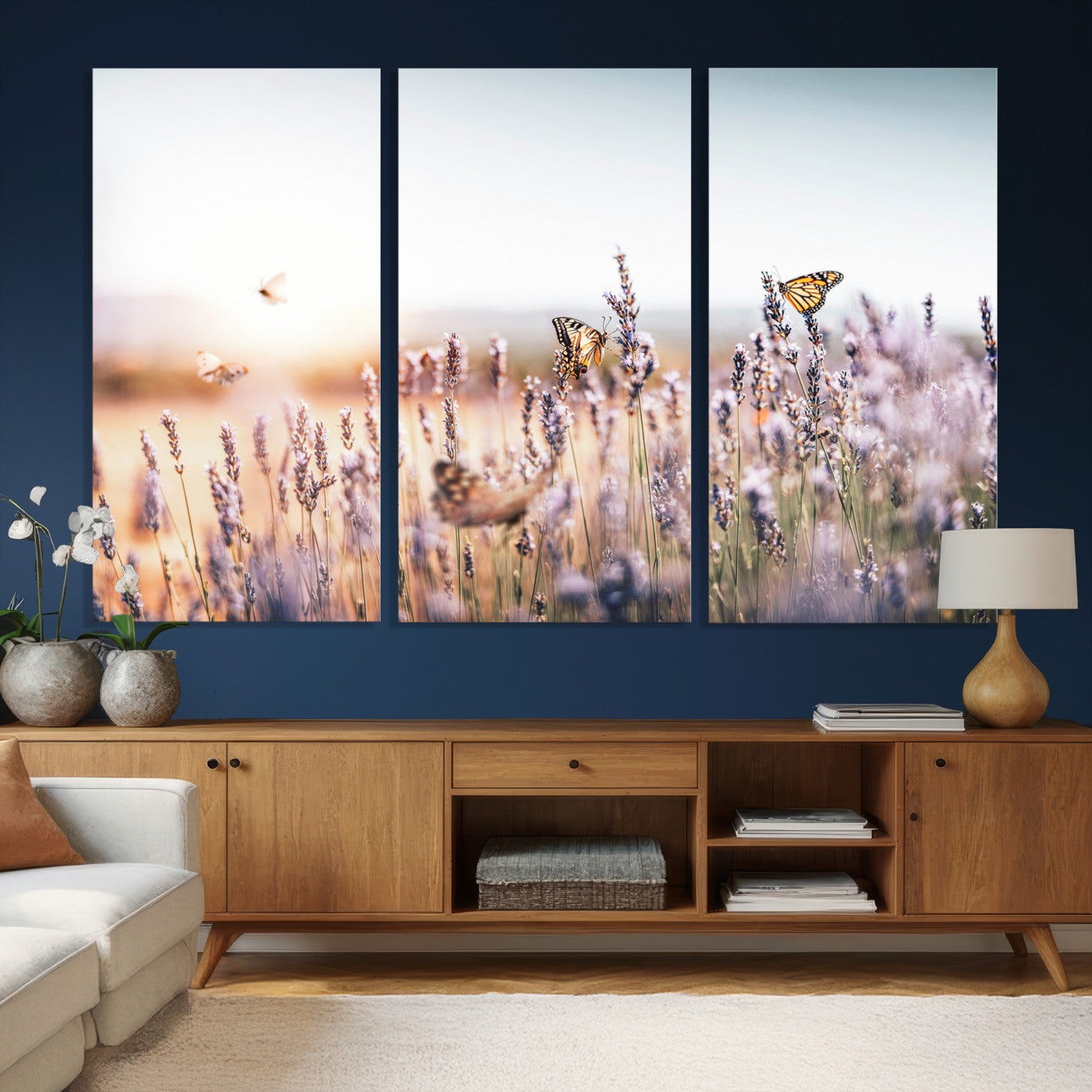 46417478-MGV-CV-36X24 - Lavender Field Wall Art Canvas Print, Butterfly Floral Landscape Art, Soft Nature Wall Decor for Bedroom