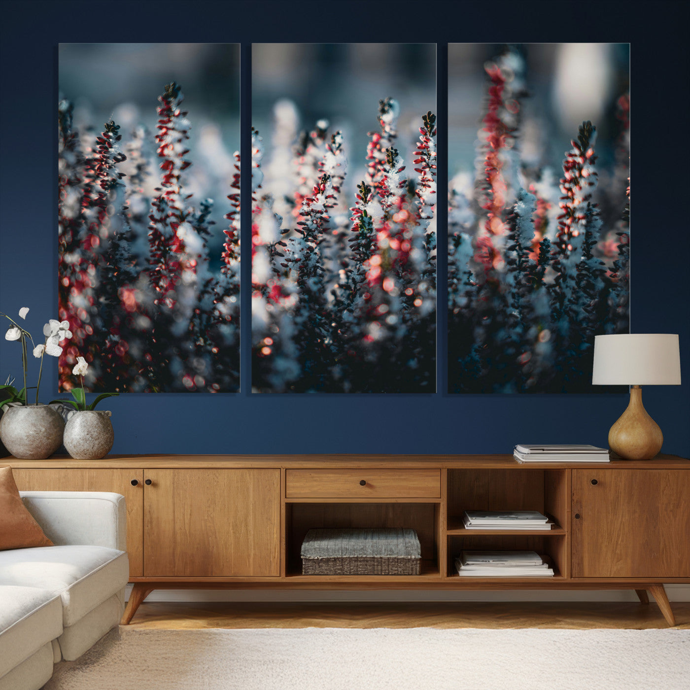 82063935-MGV-CV-36X24 - Winter Heather Wall Art Canvas Print, Frosted Floral Nature Art, Moody Botanical Wall Decor