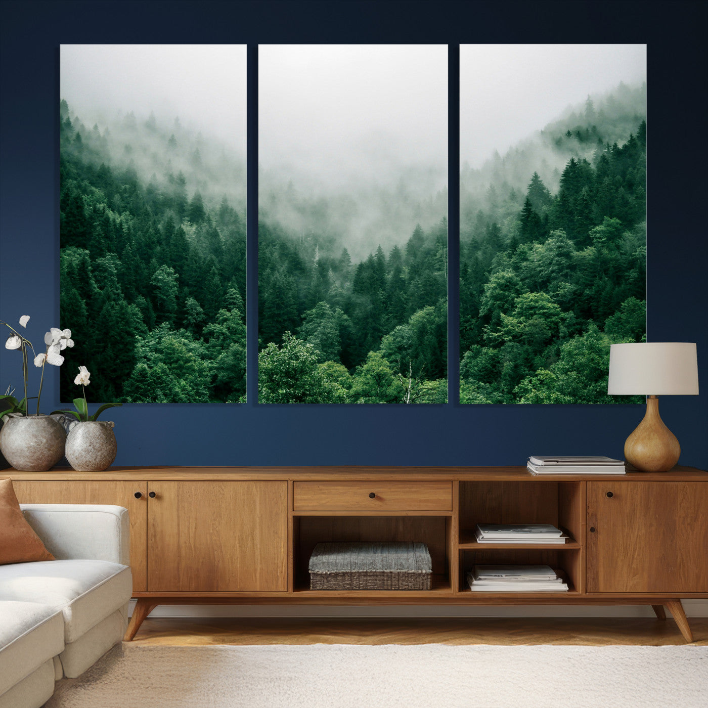 61640815-MGV-CV-36X24 - Misty Pine Forest Wall Art Canvas Print, Foggy Evergreen Landscape Wall Decor, Moody Green Nature Artwork, Minimal Forest Canvas Wall Art, Framed Canvas Wall Art Ready to Hang