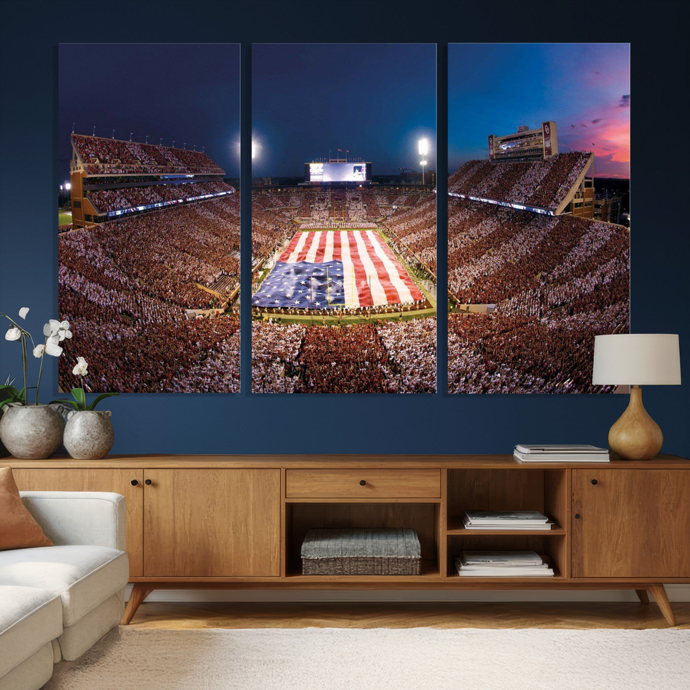 59917418-MGV-CV-36X24 - Oklahoma Memorial Stadium Wall Art Canvas Print – Oklahoma Sooners Football Artwork for Home, Office, and Sports Room Decor