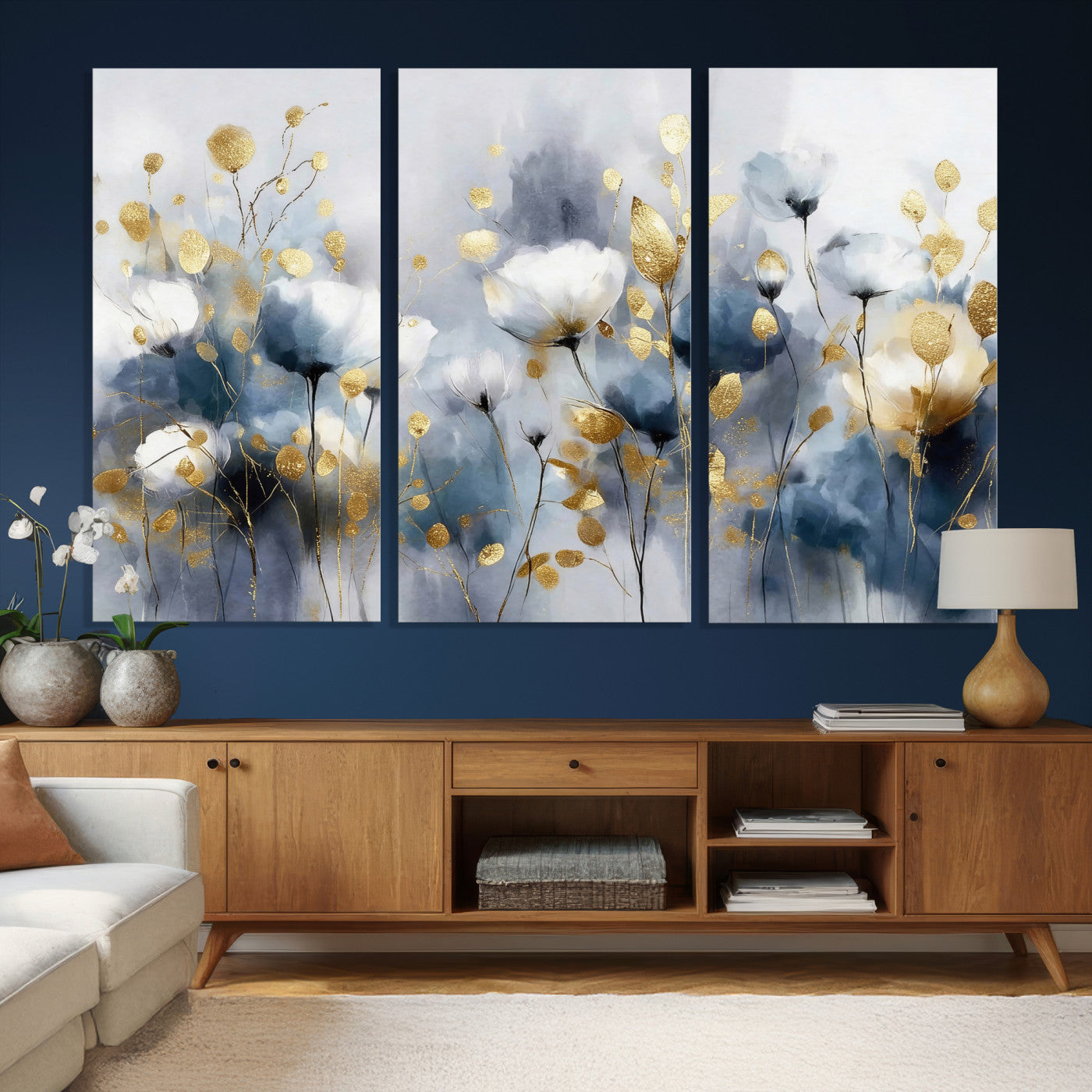 84358857-MGV-CV-36X24 - Large Abstract Flowers Wall Art Canvas Print – Gold and Blue Botanical Artwork for Living Room, Bedroom, and Office Decor