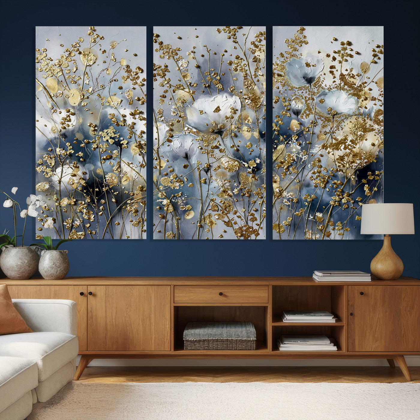 24499670-MGV-CV-36X24 - Abstract Floral Wall Art Canvas Print – Gold and Blue Botanical Artwork for Living Room, Bedroom, and Office Decor