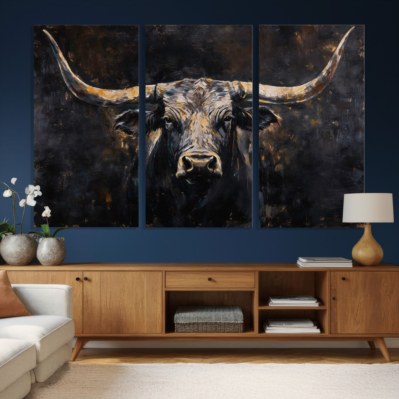 17622011-MGV-CV-36X24 - Abstract Longhorn Bull Wall Art Canvas Print – Dark Rustic Western Cattle Artwork for Farmhouse, Ranch, Cabin, and Office Decor
