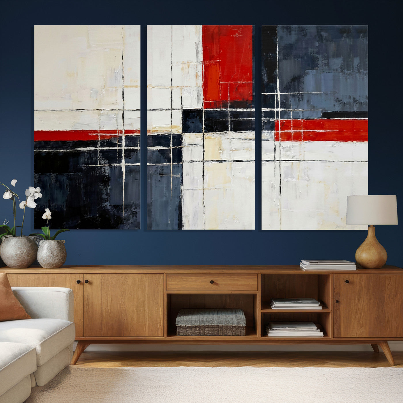 11921181-MGV-CV-36X24 - Navy Red Abstract Wall Art Canvas Print, Modern Luxury Geometric Painting Wall Decor for Living Room and Office