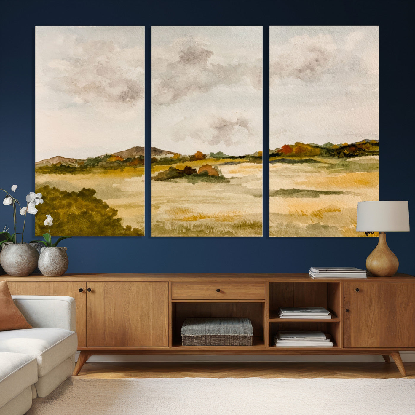 94151004-MGV-CV-36X24 - Watercolor Abstract Countryside Wall Art Canvas Print, Neutral Pastoral Landscape Painting Wall Decor for Modern Farmhouse Interiors