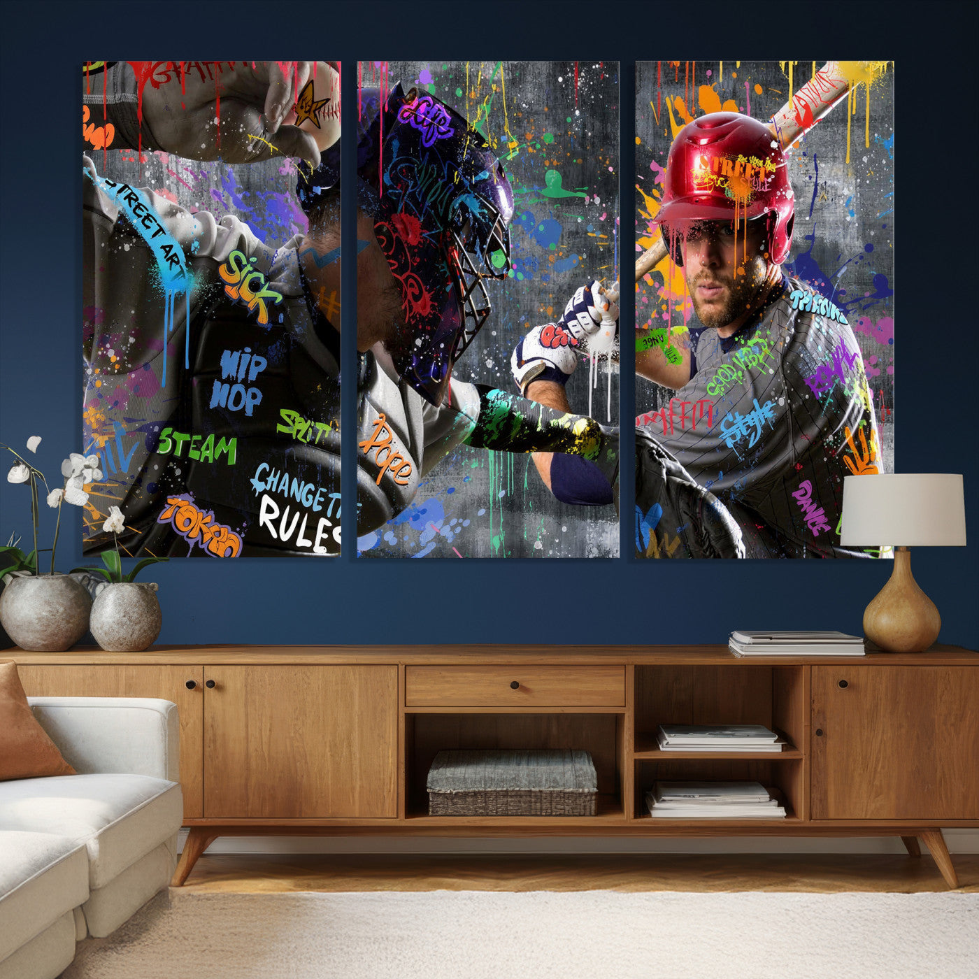 19634994-MGV-CV-36X24 - Graffiti Baseball Player Street Art Wall Art Canvas Print, Urban Sports Pop Art Baseball Canvas Print, Modern Athletic Graffiti Contemporary Art Printing