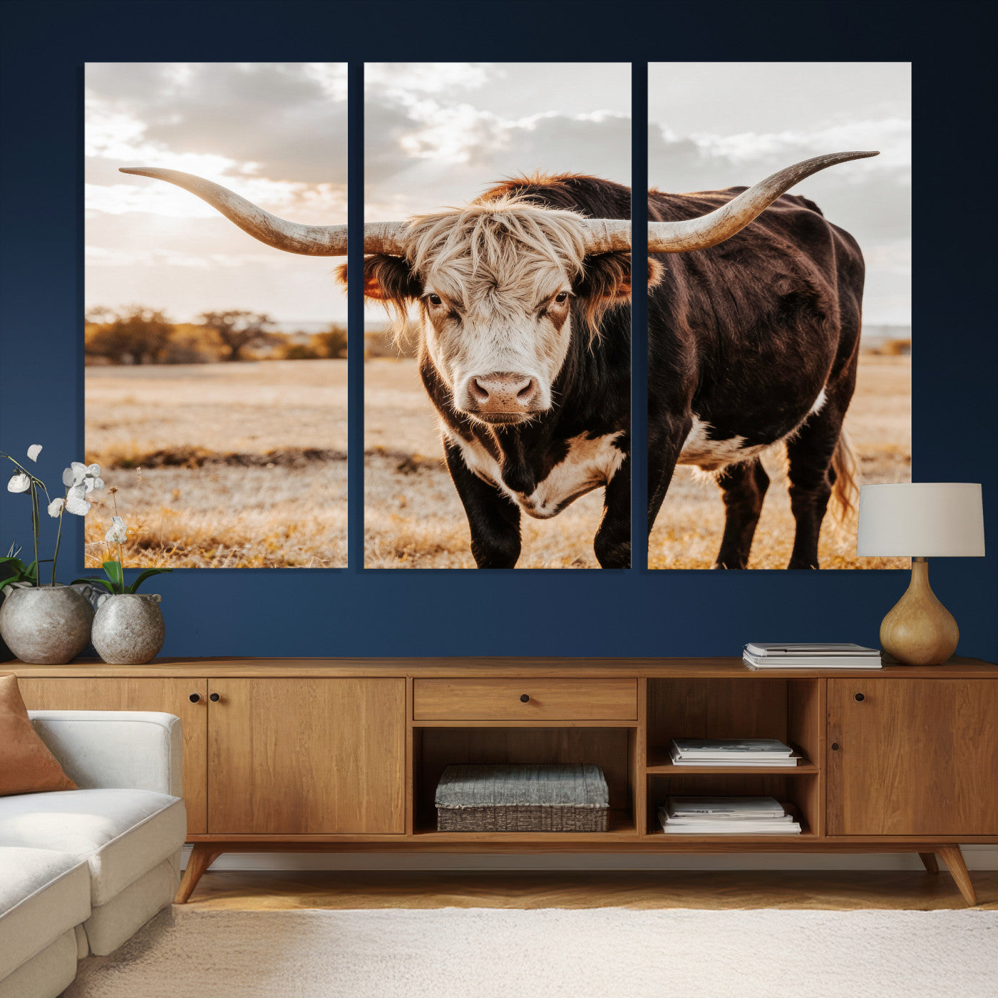 88230279-MGV-CV-36X24 - Texas Longhorn Bull Rustic Wall Art Canvas Print, Western Cattle Photography Canvas Print, Ranch Farm Animal Western Art Printing