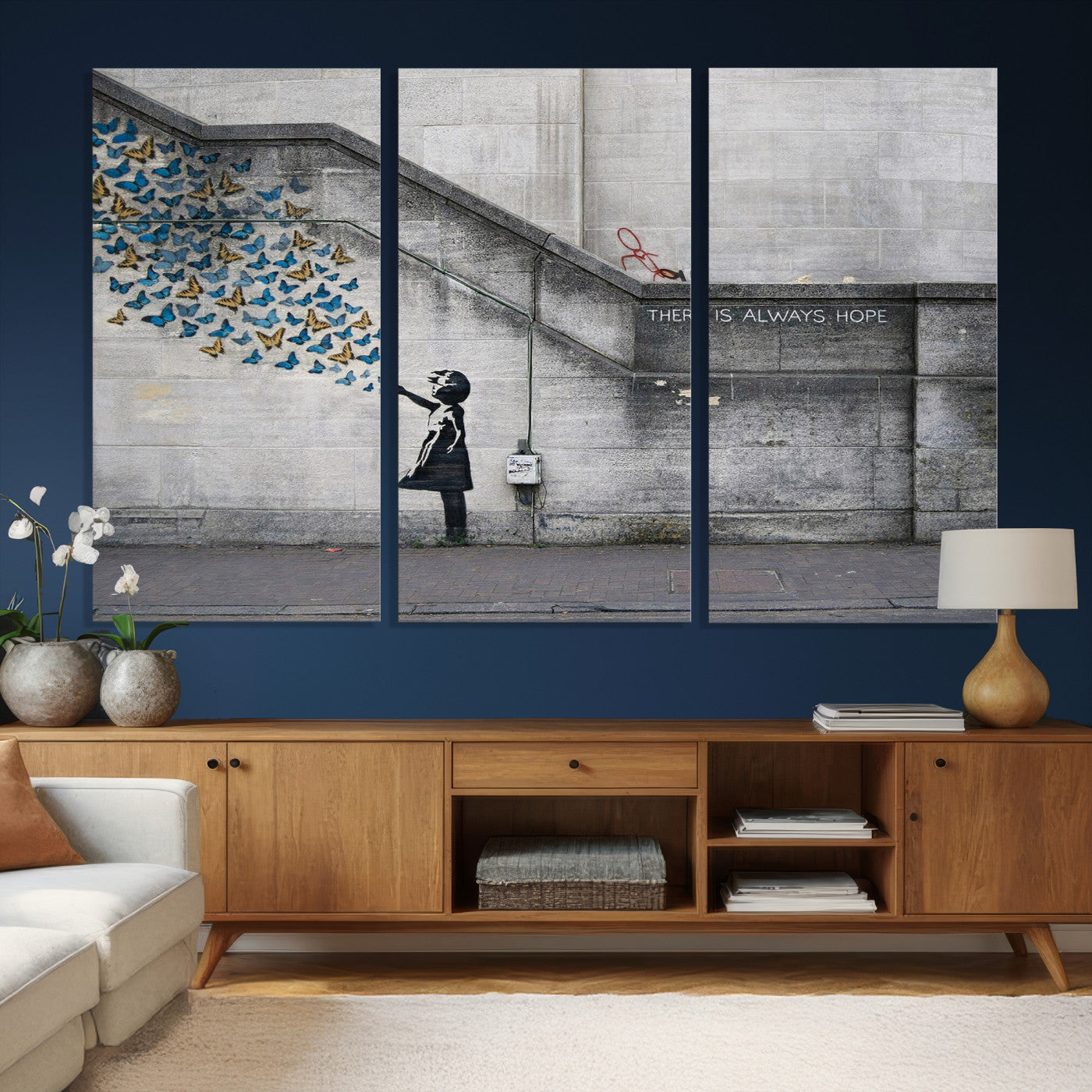 15274223-MGV-CV-36X24 - Banksy Girl with Butterflies Street Art Wall Art Canvas Print, Hope Graffiti Urban Art Canvas Print, Minimalist Inspirational Street Art Contemporary Art Printing