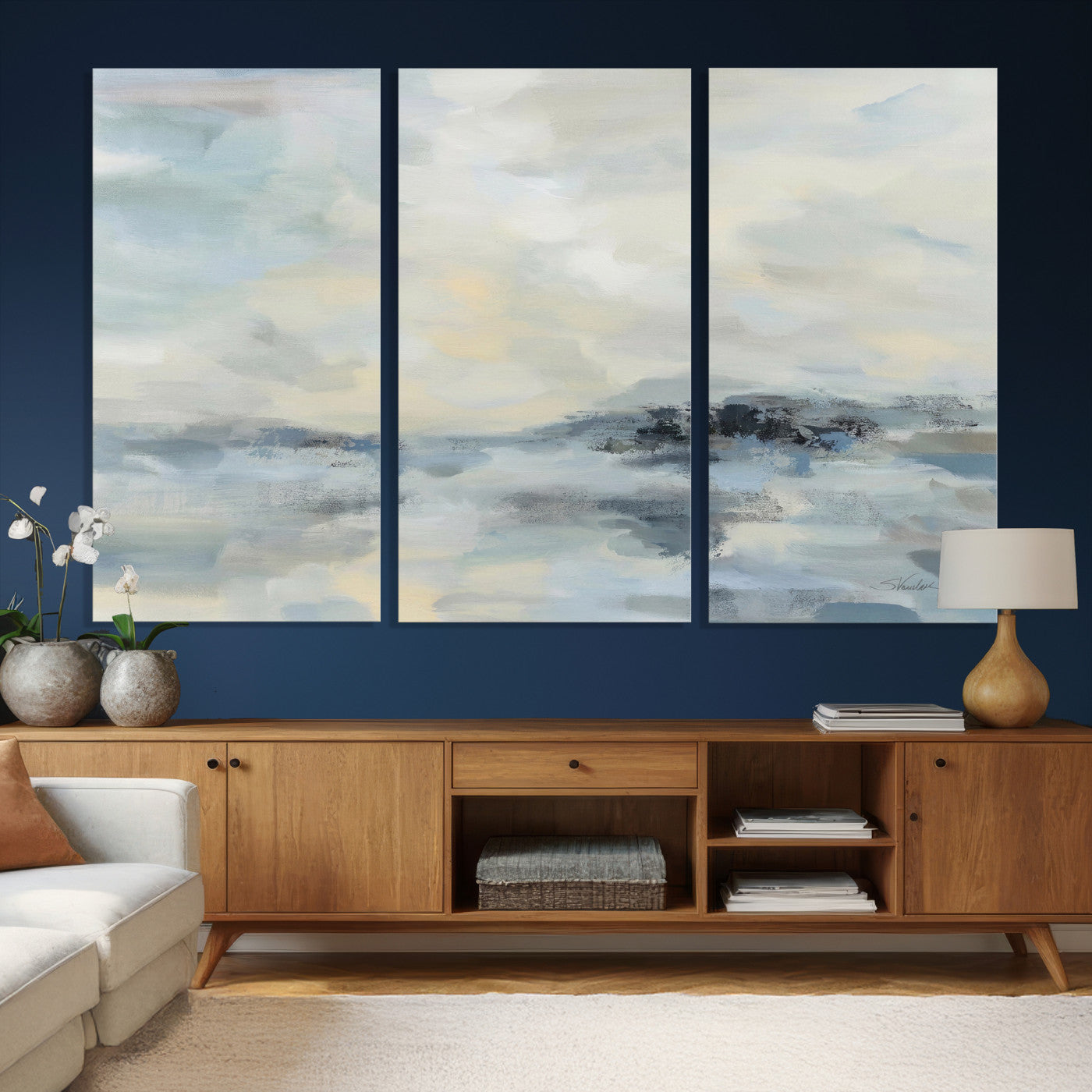 24647355-MGV-CV-36X24 - Abstract Coastal Landscape Wall Art Canvas Print – Soft Blue Gray Minimalist Painting