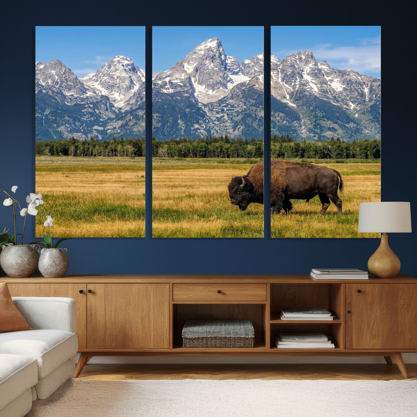20424529-MGV-CV-36X24 - Bison in Mountain Landscape Wall Art Canvas Print – Western Wildlife Artwork for Rustic Living Room Decor