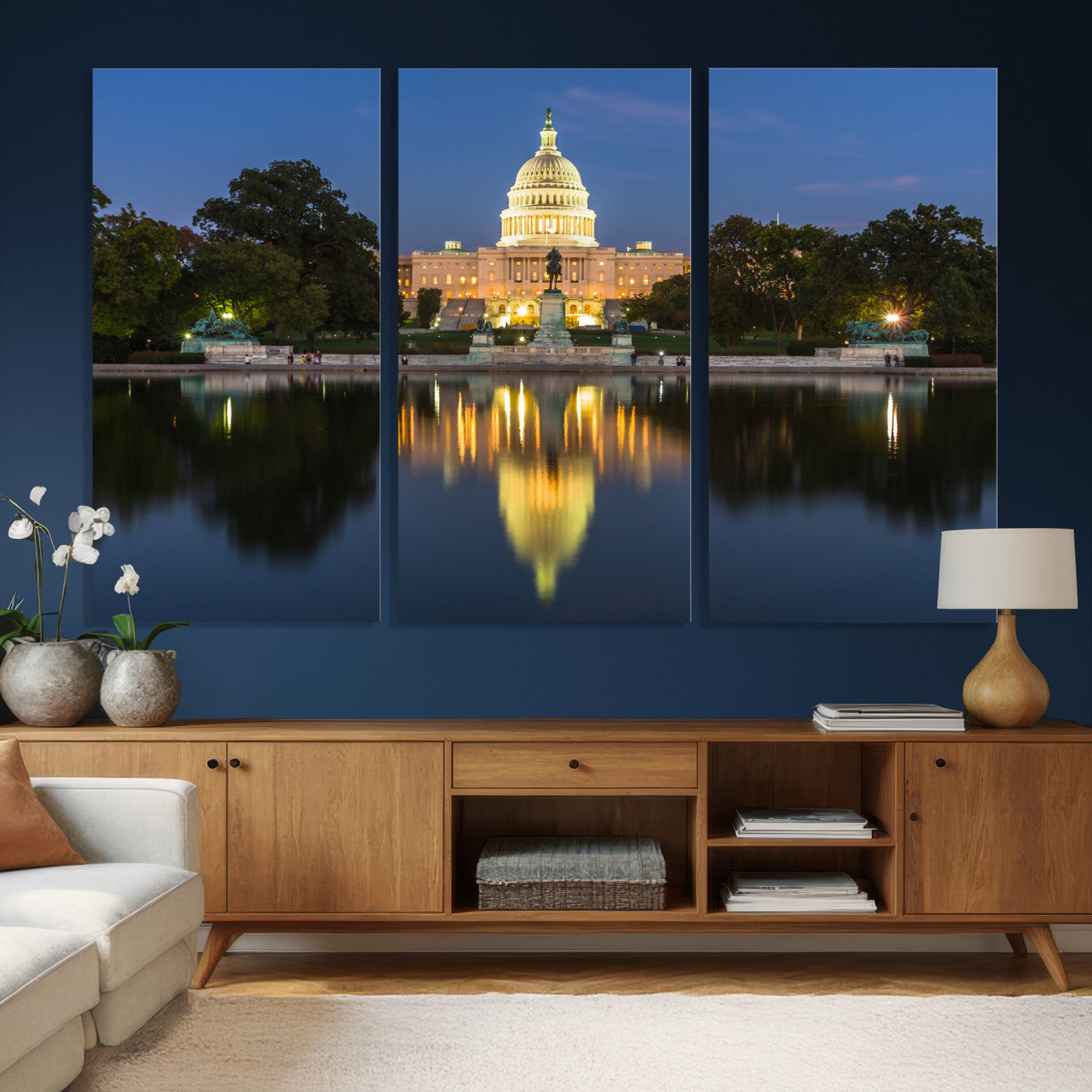 95568590-MGV-CV-36X24 - US Capitol Building Wall Art Canvas Print – Washington DC Landmark Night Reflection Artwork for Office Decor