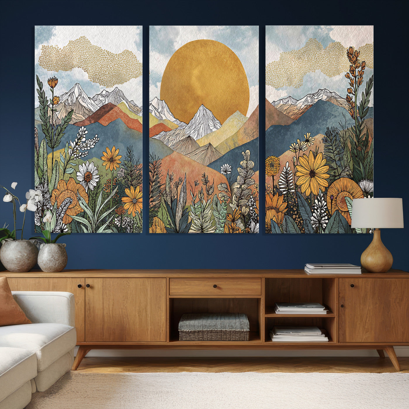 17540863-MGV-CV-36X24 - Boho Mountain Landscape Large Wall Art, Horizontal Gold Framed Canvas Print with Sun and Flowers