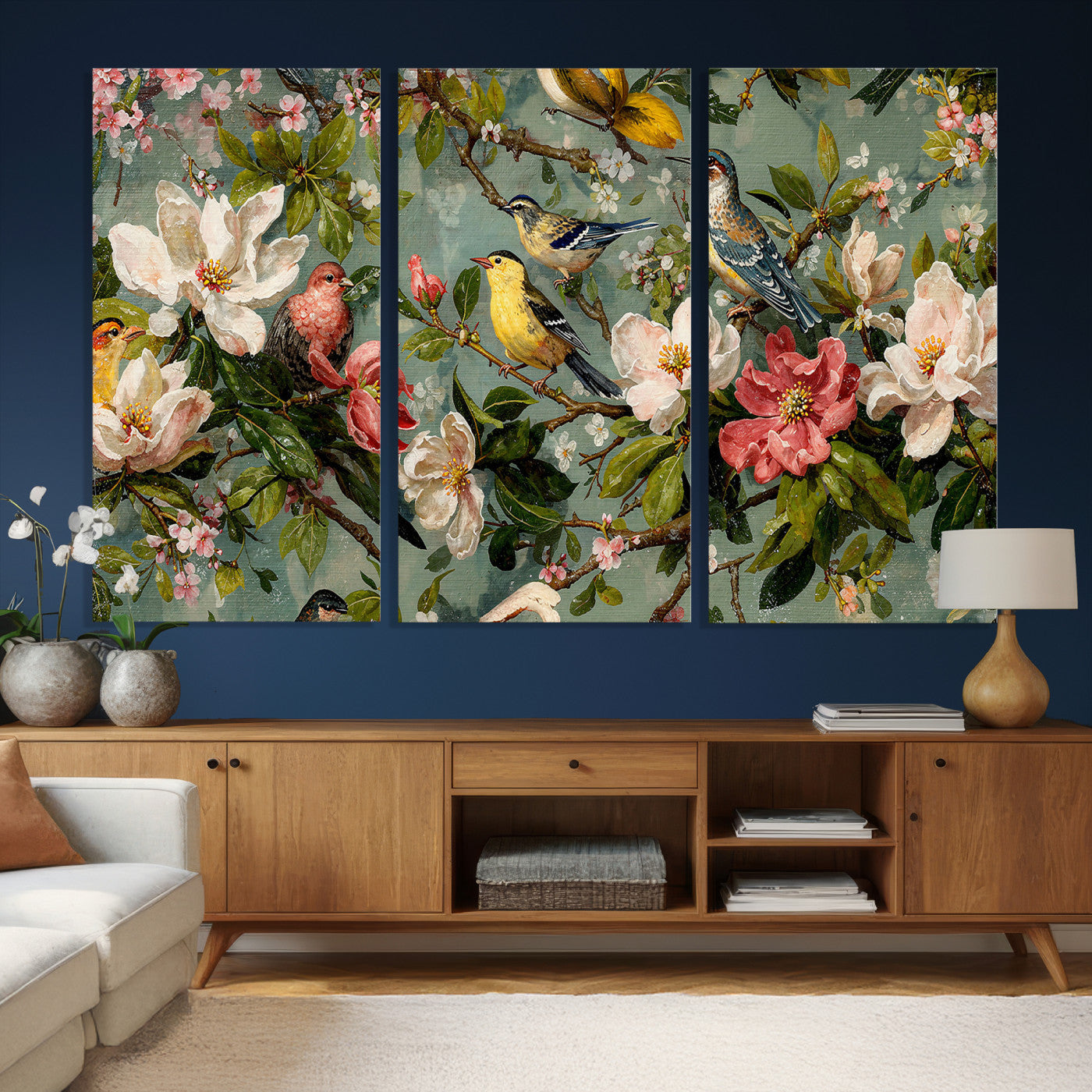 77883606-MGV-CV-36X24 - Vintage Birds and Flowers Wide Wall Art: Extra Large Panoramic Botanical Print