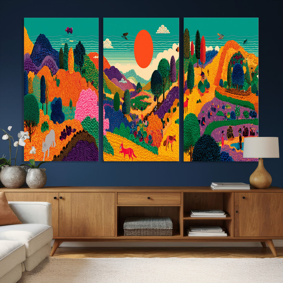 Colorful Japanese Landscape Print: Maximalist Panoramic Wall Art