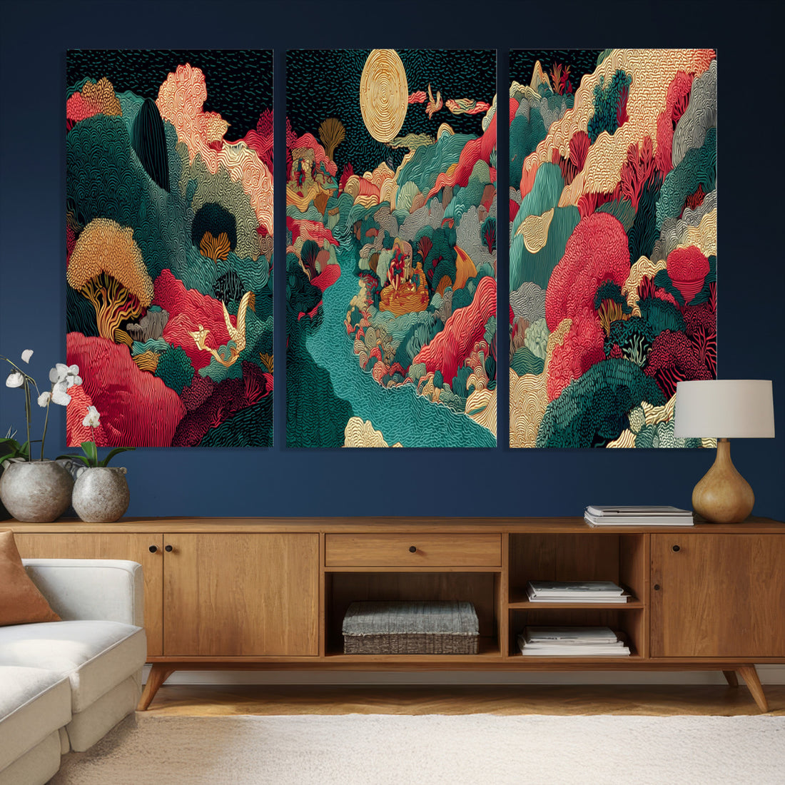 Colorful Japanese Landscape Print: Maximalist Panoramic Wall Art
