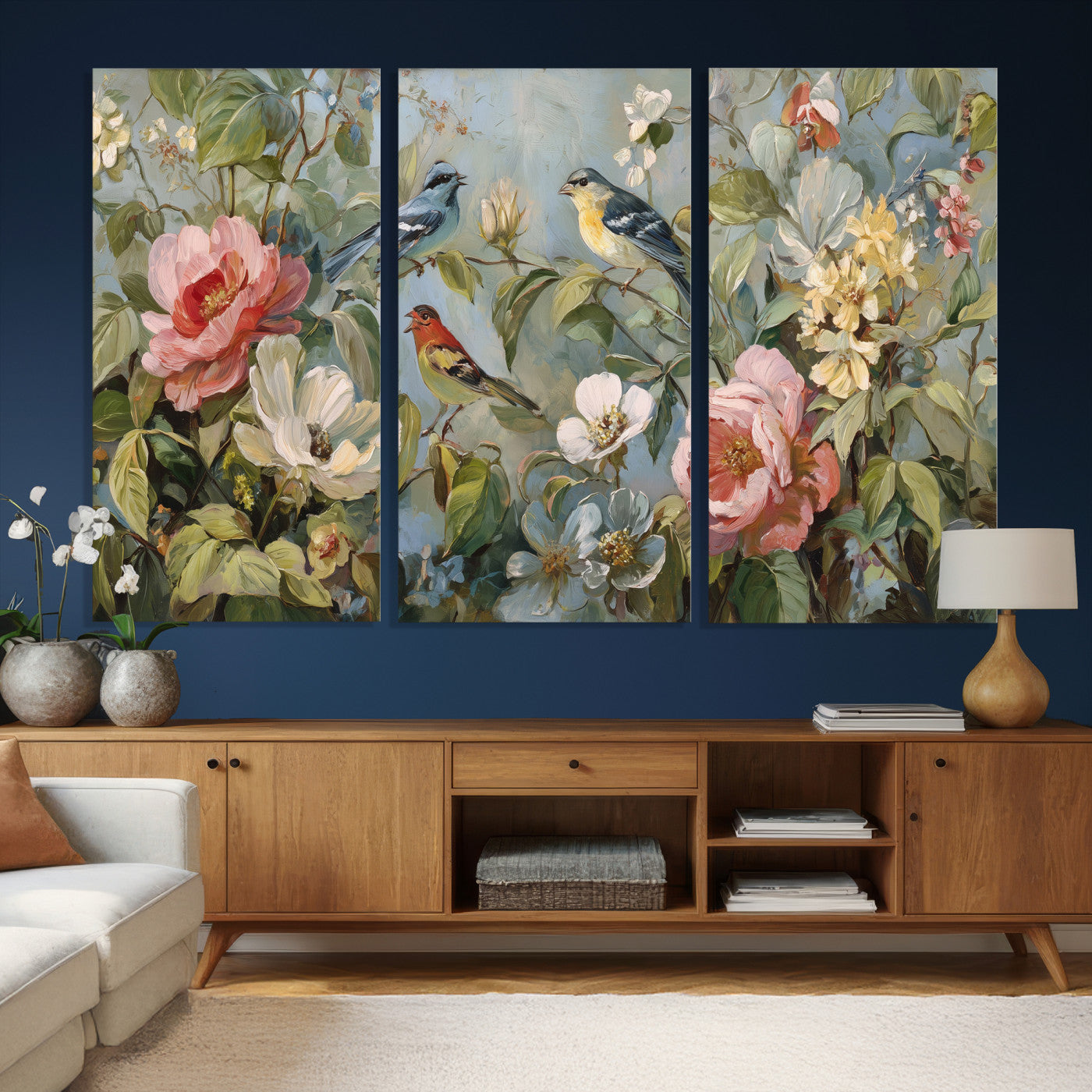 55440837-MGV-CV-36X24 - Vintage Birds and Flowers Wall Art Canvas Print, Botanical Bird Painting Canvas Print, Floral Garden Bird Artwork Canvas Print, Classic Bird Flower Painting Canvas Print
