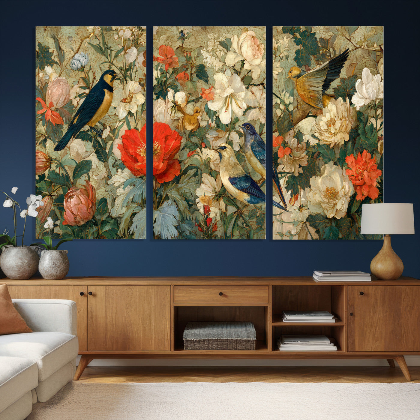 52904757-MGV-CV-36X24 - Vintage Birds and Flowers Wall Art Canvas Print, Botanical Bird Painting Canvas Print, Floral Garden Bird Artwork Canvas Print, Classic Bird Flower Painting Canvas Print