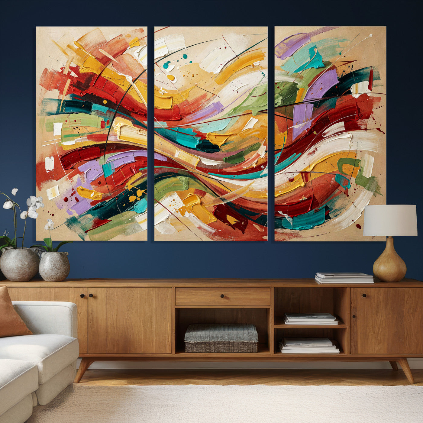 39887645-MGV-CV-36X24 - Geometric Abstract Wall Art Canvas Print, Orange Blue Abstract Expressionist Painting Print, Modern Geometric Abstract Canvas Art