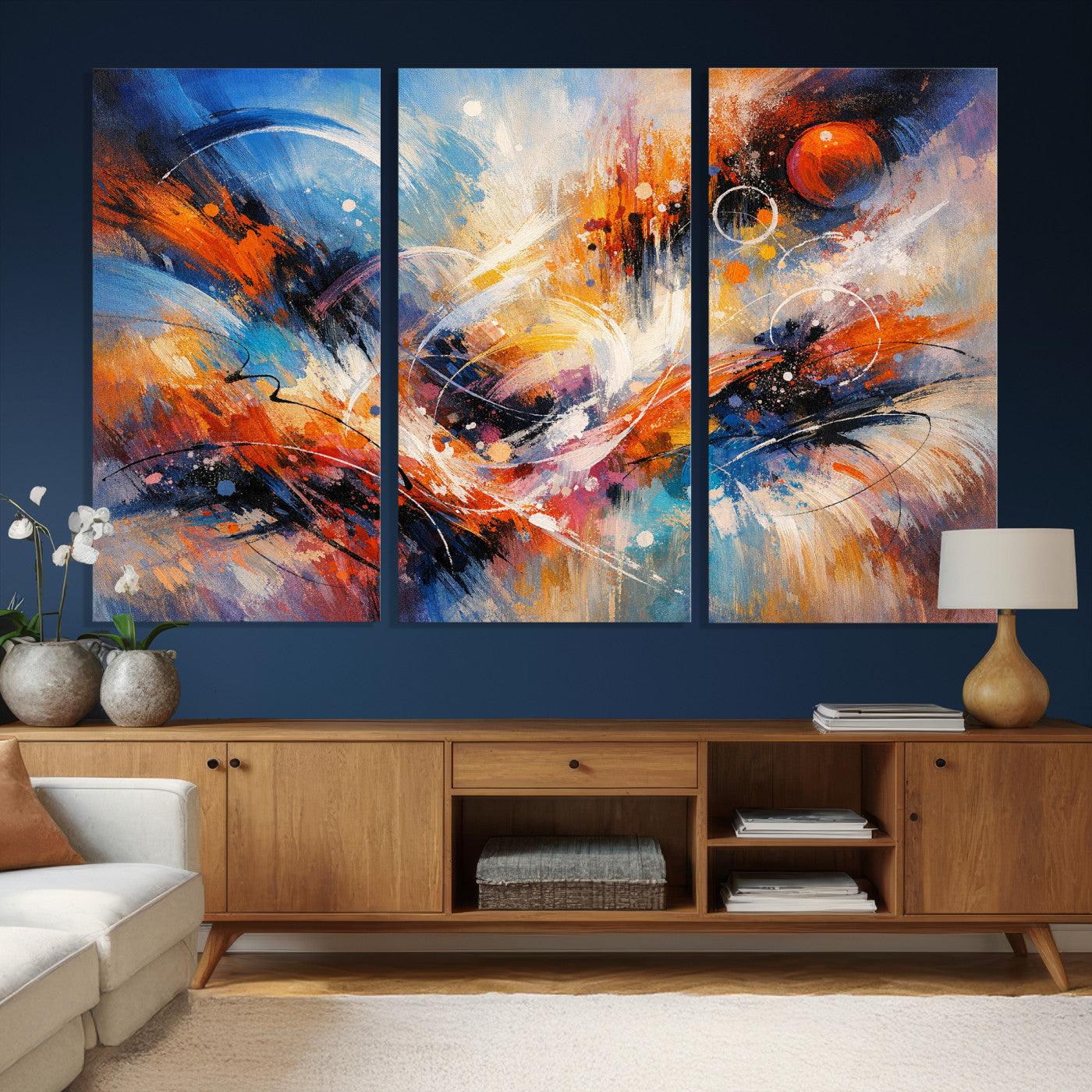 47770355-MGV-CV-36X24 - Geometric Abstract Wall Art Canvas Print, Orange Blue Abstract Expressionist Painting Print, Modern Geometric Abstract Canvas Art