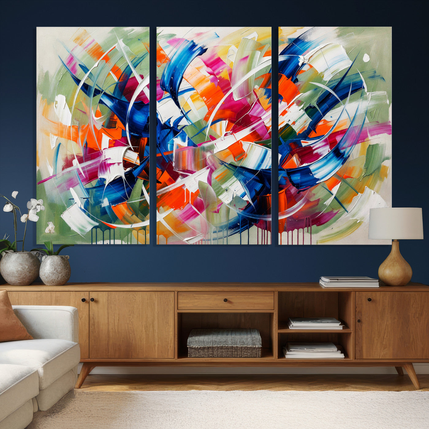 15032888-MGV-CV-36X24 - Geometric Abstract Wall Art Canvas Print, Orange Blue Abstract Expressionist Painting Print, Modern Geometric Abstract Canvas Art