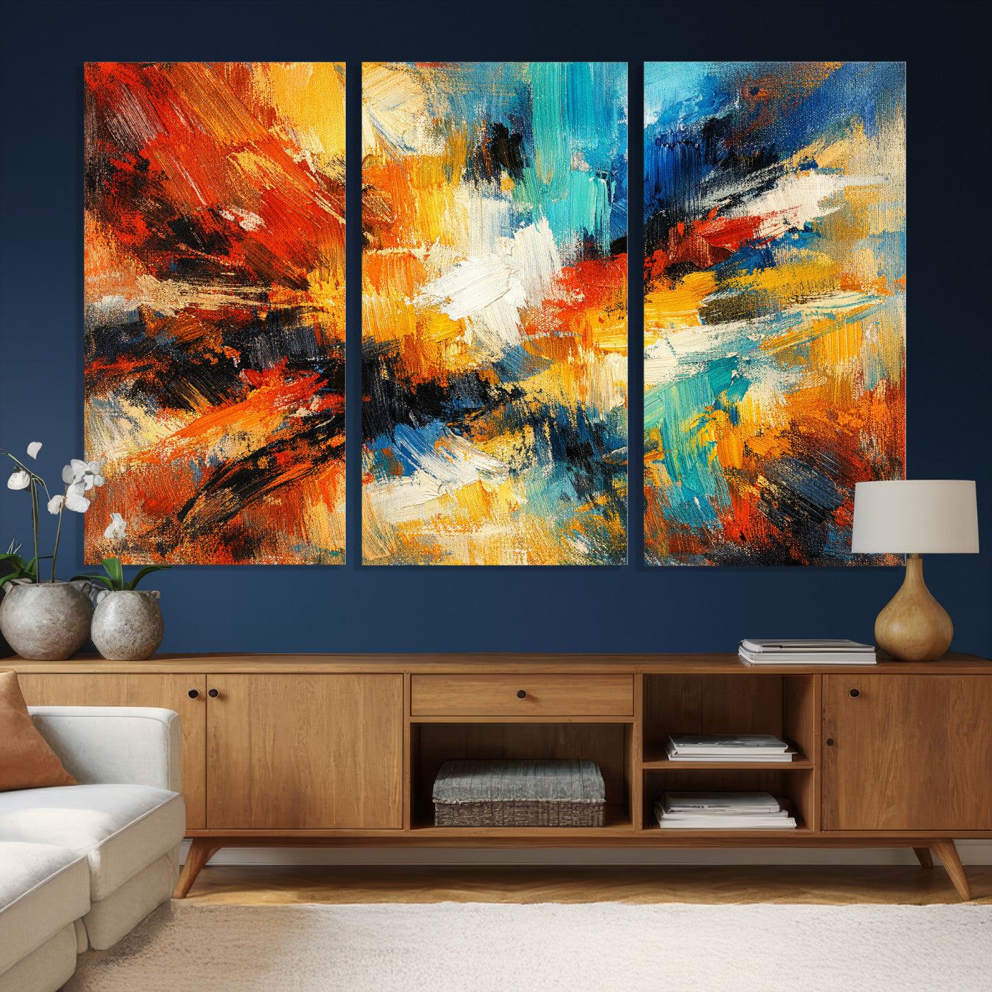 93167583-MGV-CV-36X24 - Geometric Abstract Wall Art Canvas Print, Orange Blue Abstract Expressionist Painting Print, Modern Geometric Abstract Canvas Art